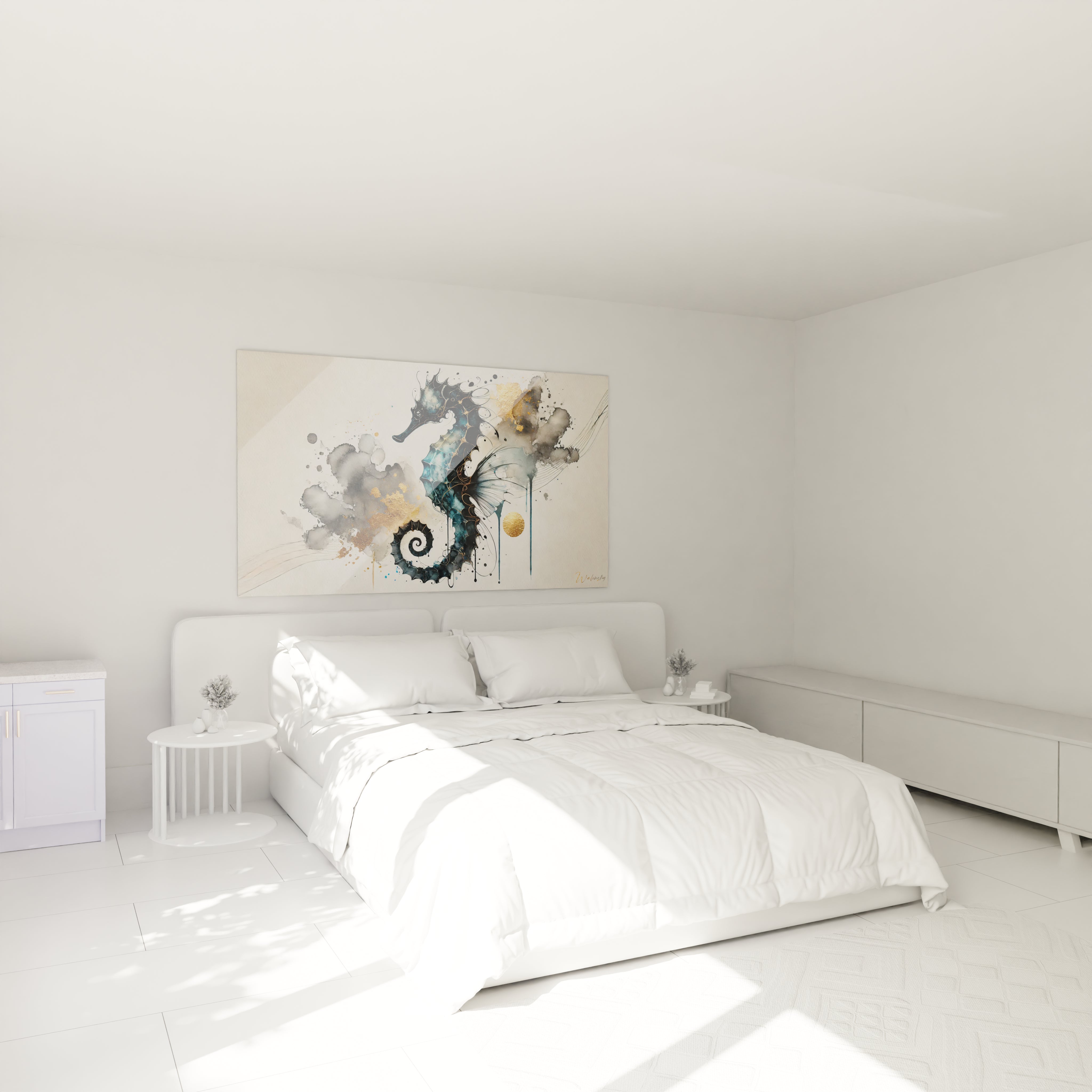 Tableau hippocampe accroché dans une chambre au-dessus du lit : ideal pour une decoration apaisante et elegante. Ses touches dorees et bleues creent une ambiance onirique et relaxante.
