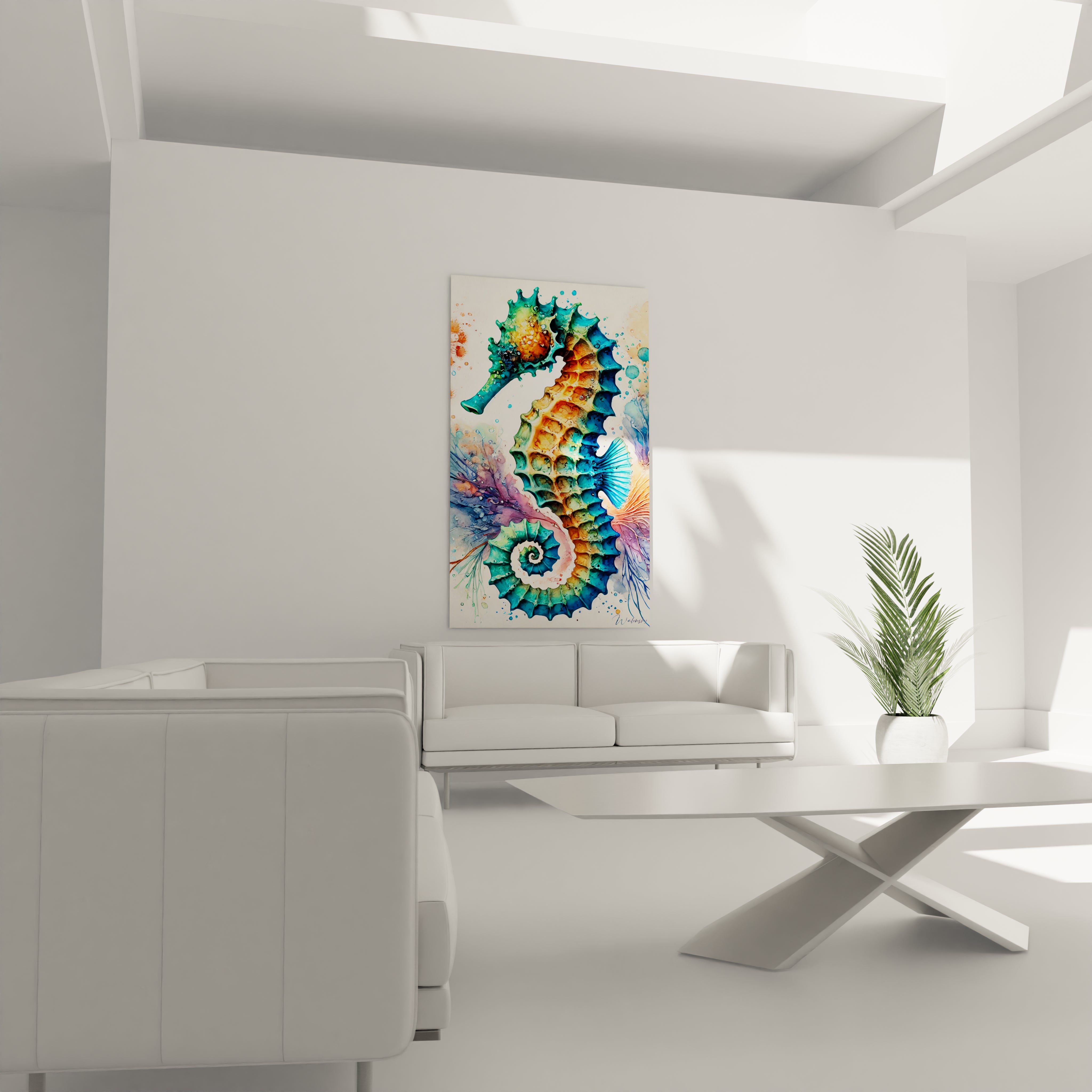 Tableau hippocampe installe dans un salon, au dessus du canape, ajoutant des nuances de bleu et orange qui creent une atmosphere chaleureuse et evoquent la serenite de la mer.