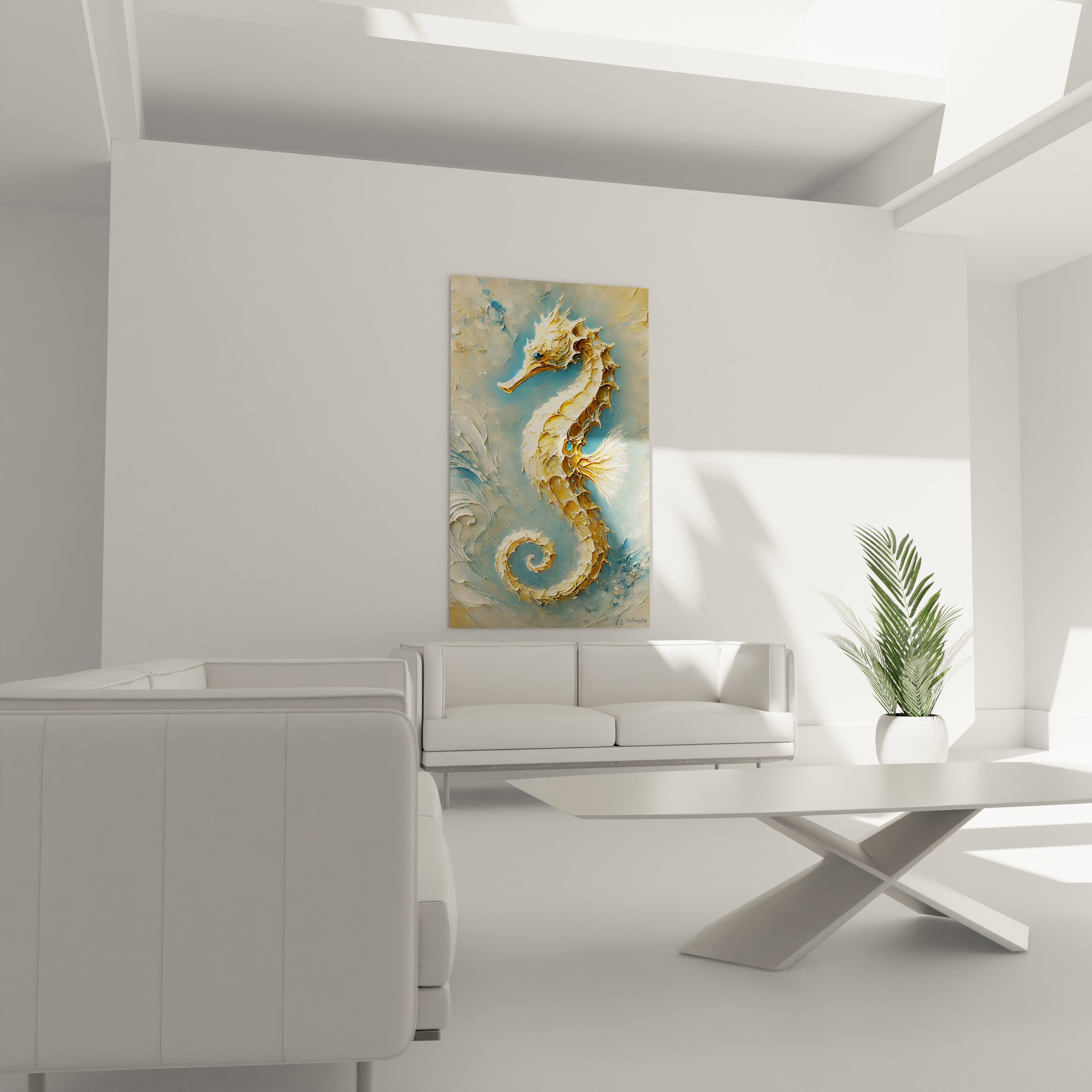 Tableau hippocampe accroche au dessus du canape, cree une ambiance calme et marine dans le salon. Couleurs beige, bleu et or pour une touche lumineuse.
