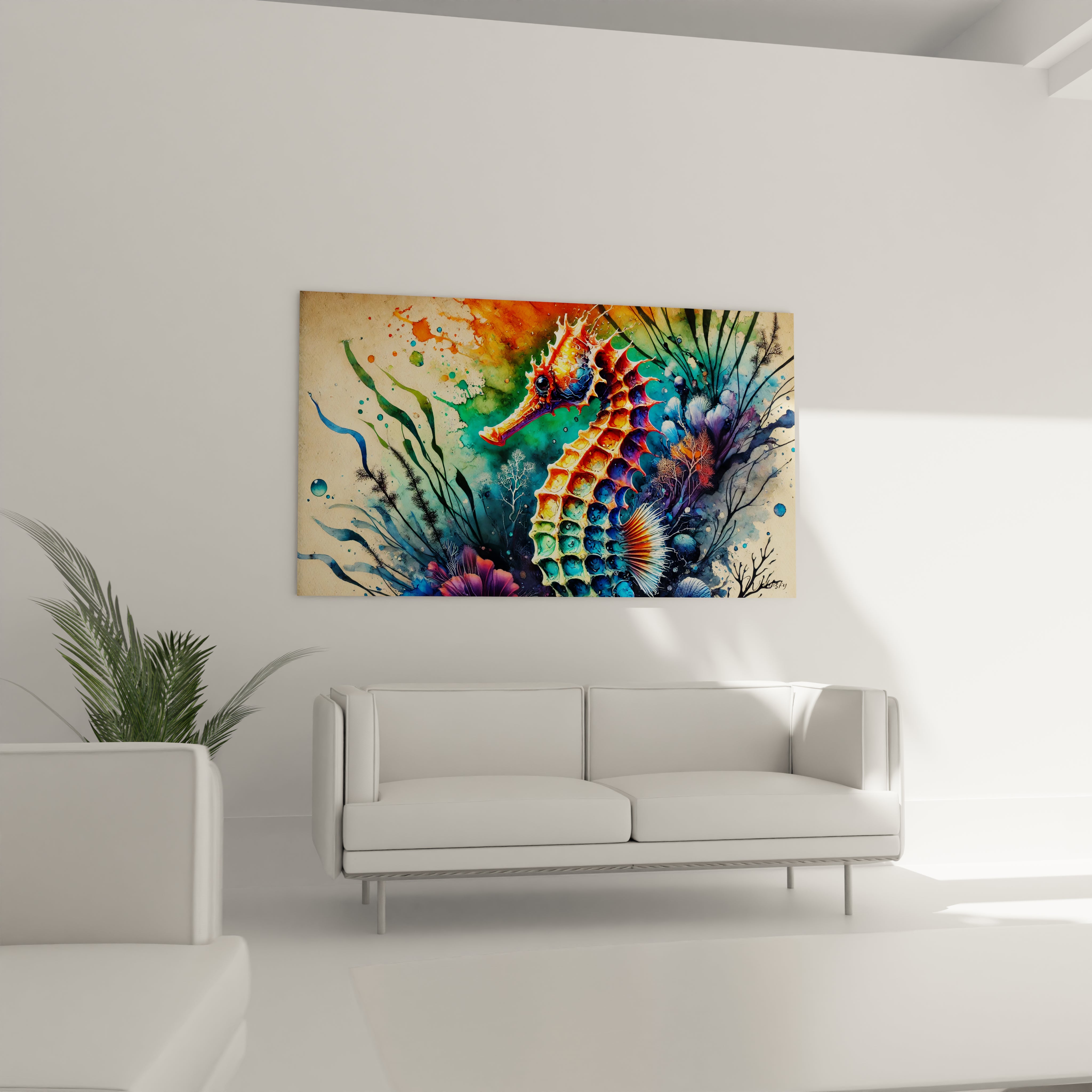 Tableau hippocampe dans un salon, au-dessus du canapé, offrant une explosion de couleurs marines. Ce tableau est idéal pour dynamiser l'espace avec ses teintes d'orange, bleu et vert.
