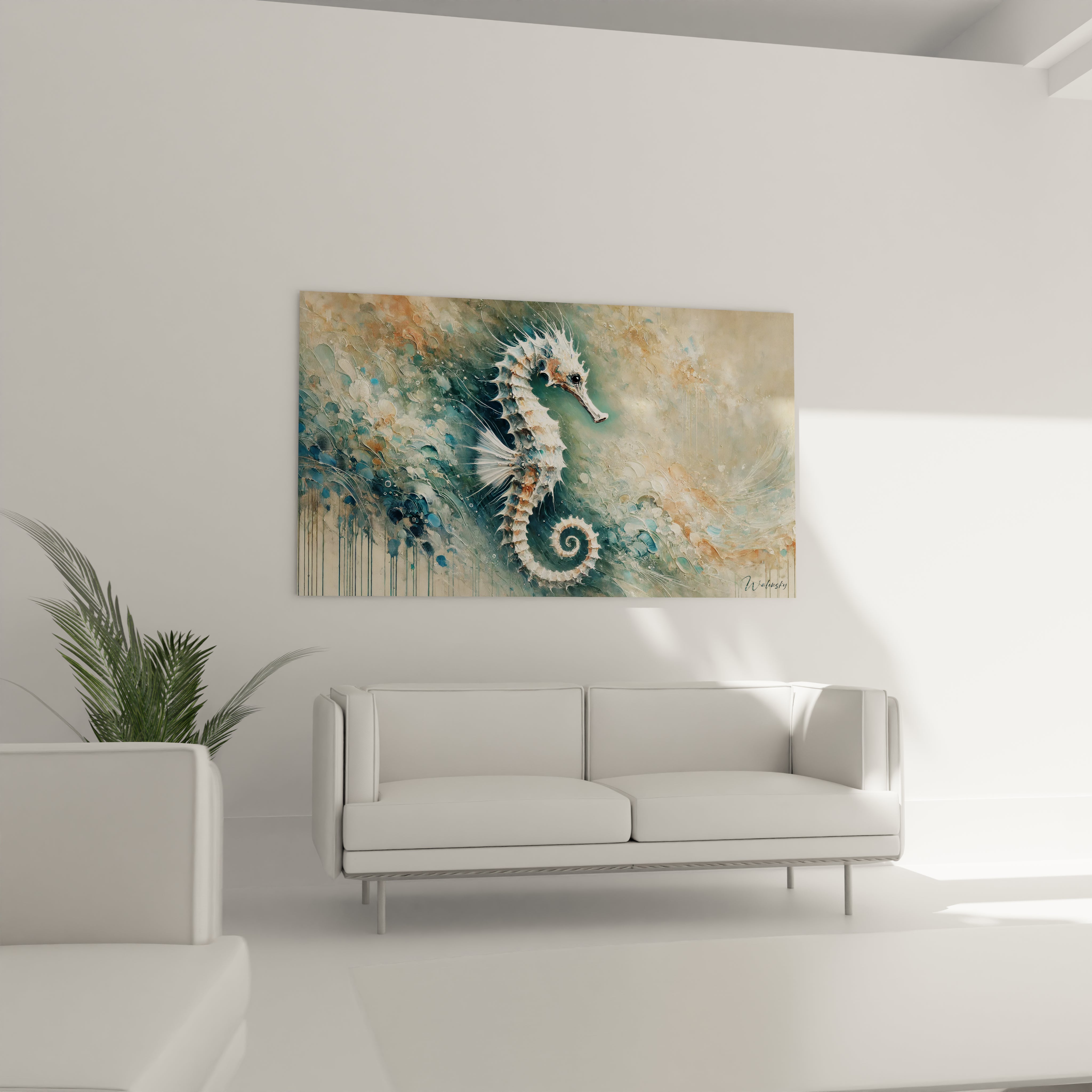 Sublimez votre salon avec ce tableau hippocampe au dessus du canapé. Ses couleurs douces et son mouvement aquatique apportent une touche de nature marine apaisante.

