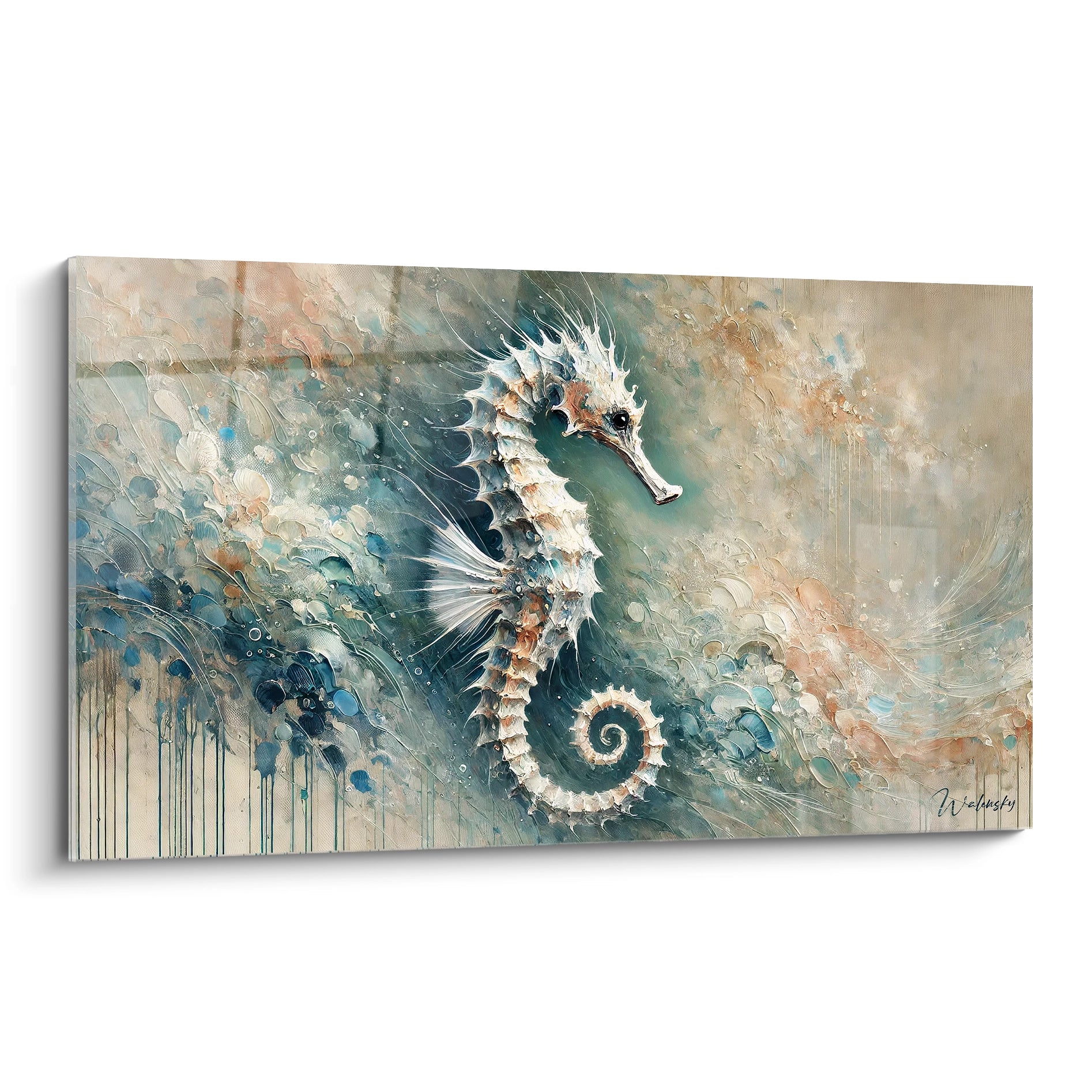 Ce tableau hippocampe capture la grace des fonds marins avec des nuances de beige et de bleu. Ideal pour apporter une touche marine delicate et apaisante a votre interieur.

