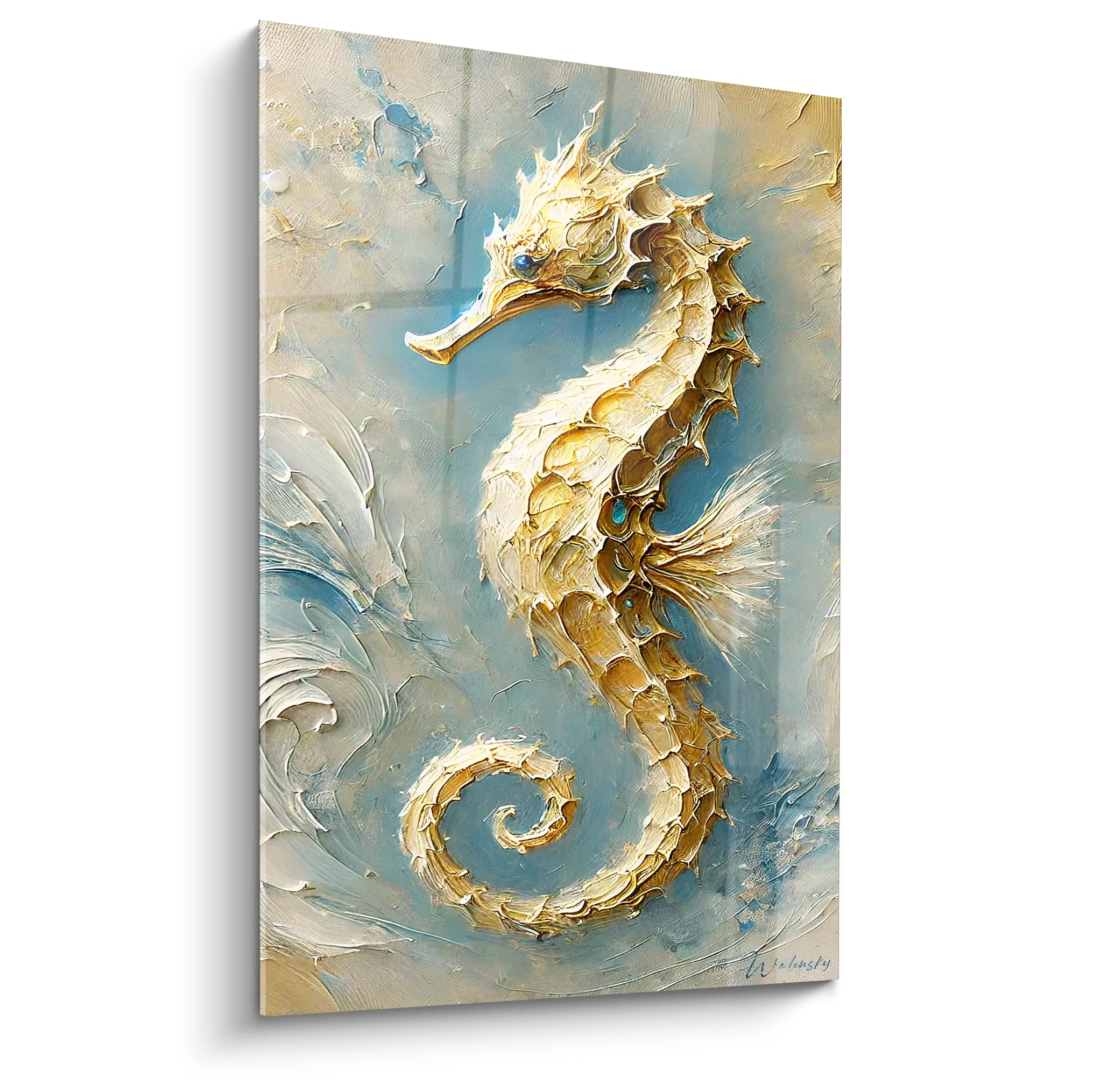 Tableau hippocampe elegant et detaille avec des touches dorees et un fond bleu argente. Coup de pinceau texture pour une decoration marine fascinante et lumineuse.
