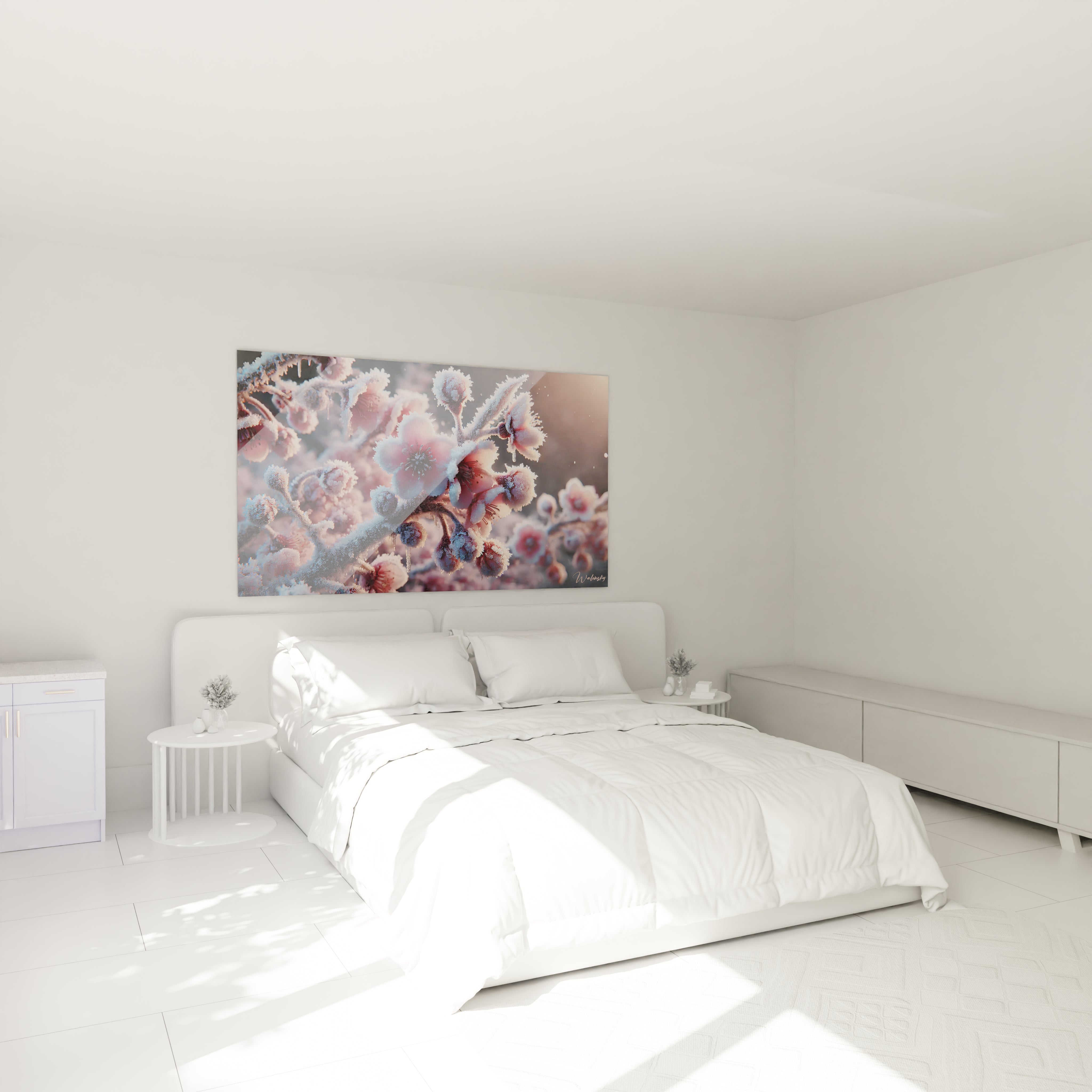 Transformez votre chambre avec ce tableau hiver, accroché au-dessus de votre lit. La délicatesse des fleurs givrés apportera une touche poétique à votre espace.

