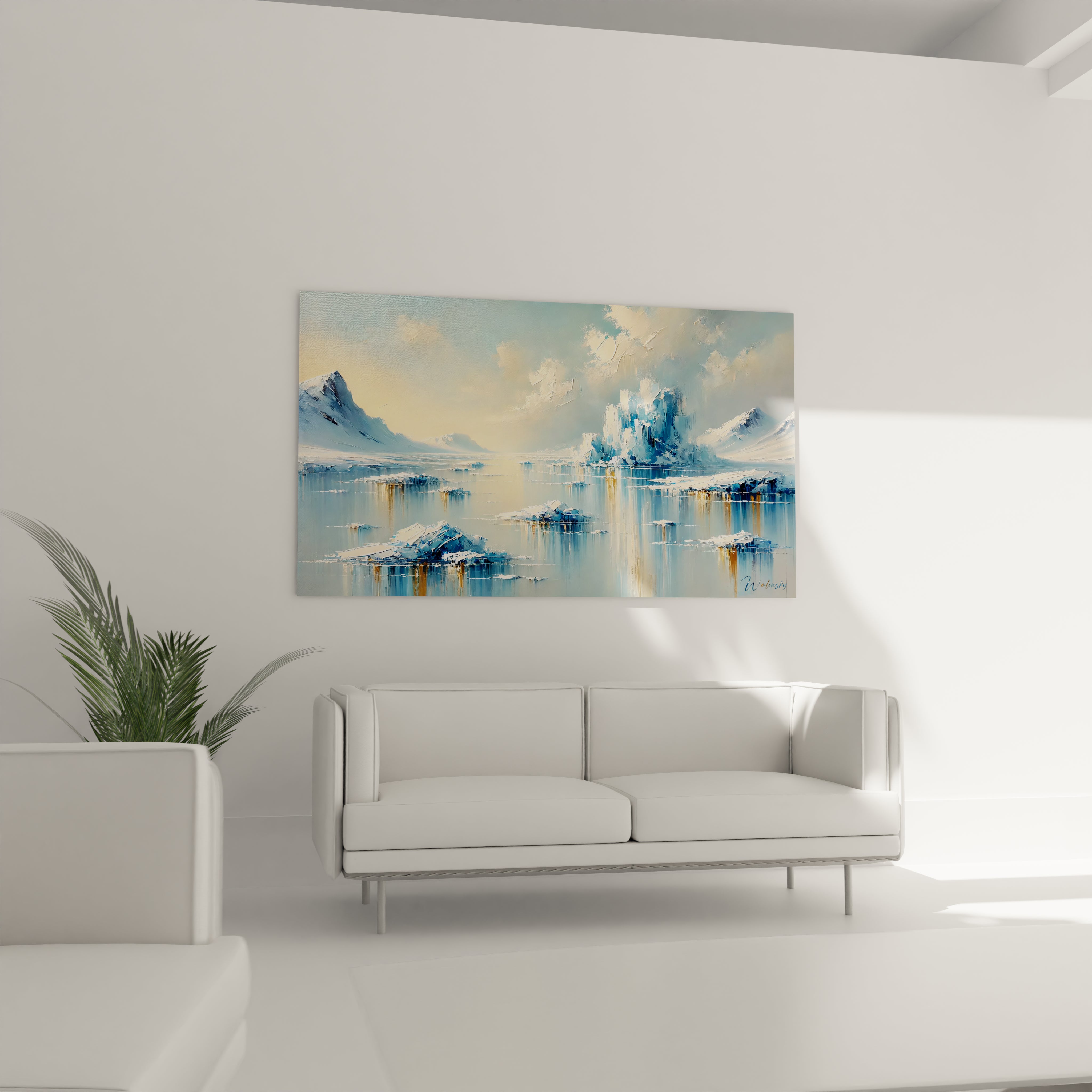 Ce tableau hiver illumine votre salon au-dessus du canapé. Les reflets dorés contrastent avec les couleurs froides, ajoutant une chaleur subtile à votre décoration.

