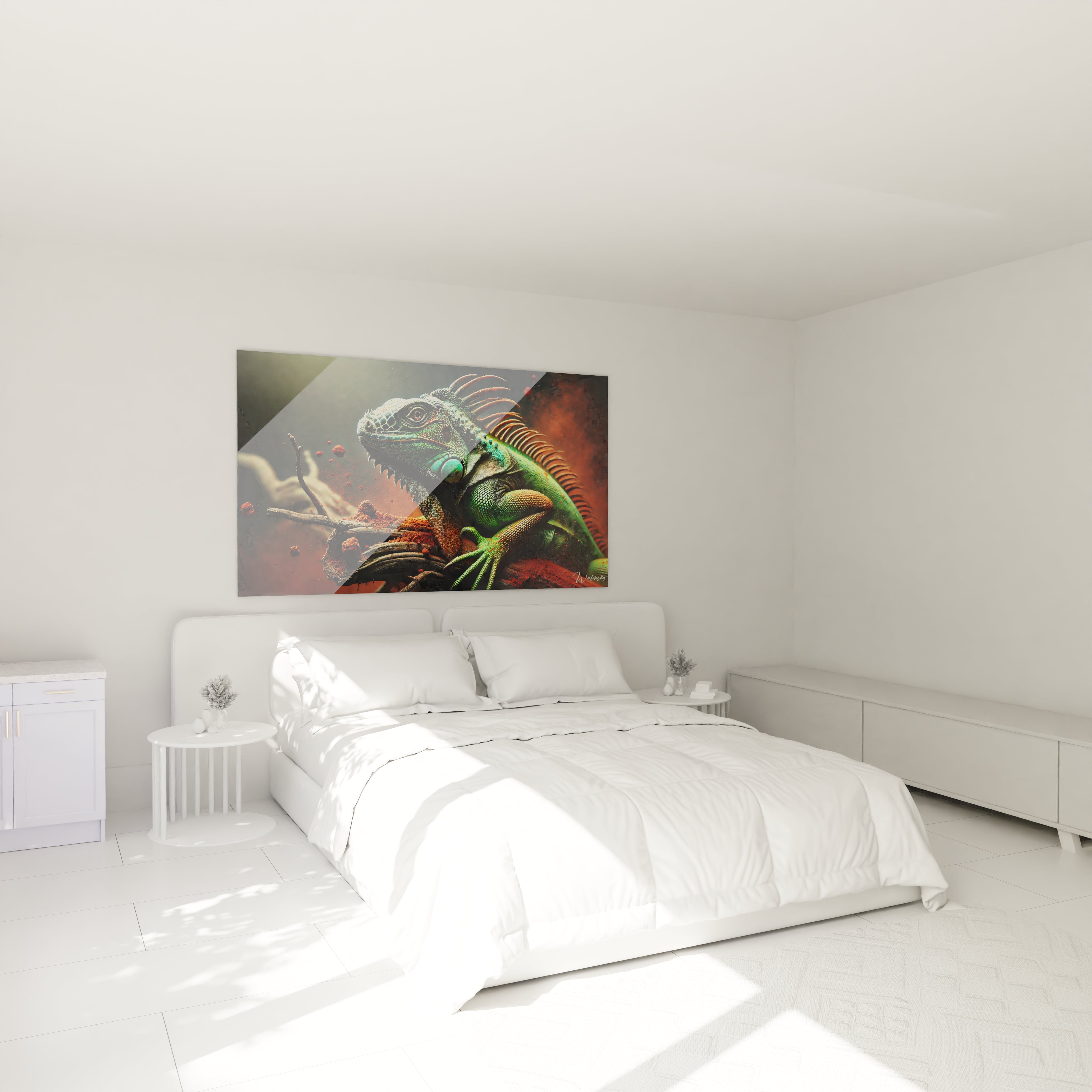 Ce tableau iguane ajoute une touche unique au-dessus de votre lit. Les couleurs vibrantes et les détails minutieux capturent la puissance de cet animal, apportant une énergie naturelle à votre chambre.

