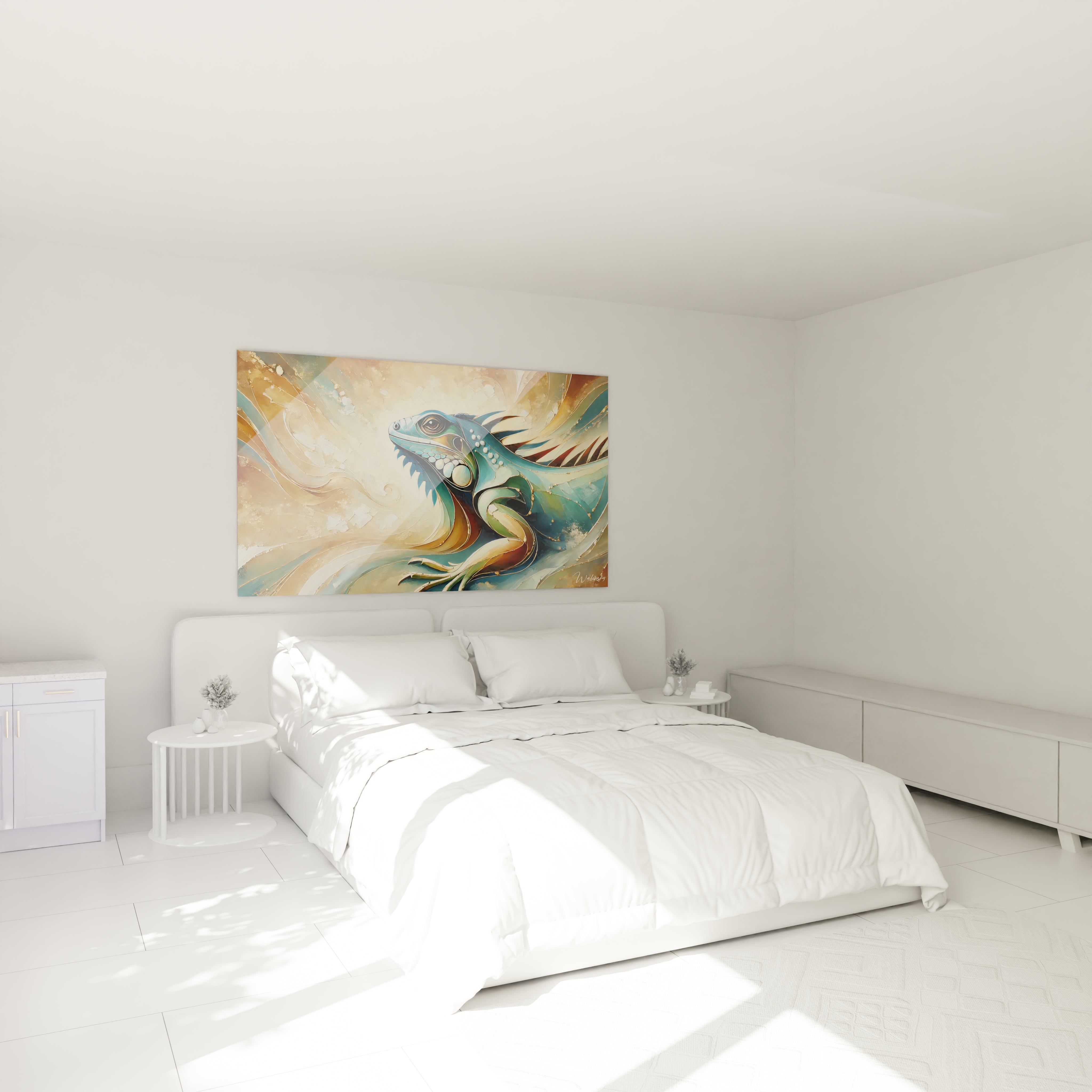 Transformez votre chambre avec ce tableau iguane accroché au-dessus du lit. Les teintes de bleu, bronze et or apportent une ambiance apaisante et majestueuse, symbolisant la fluidité de cet animal fascinant.

