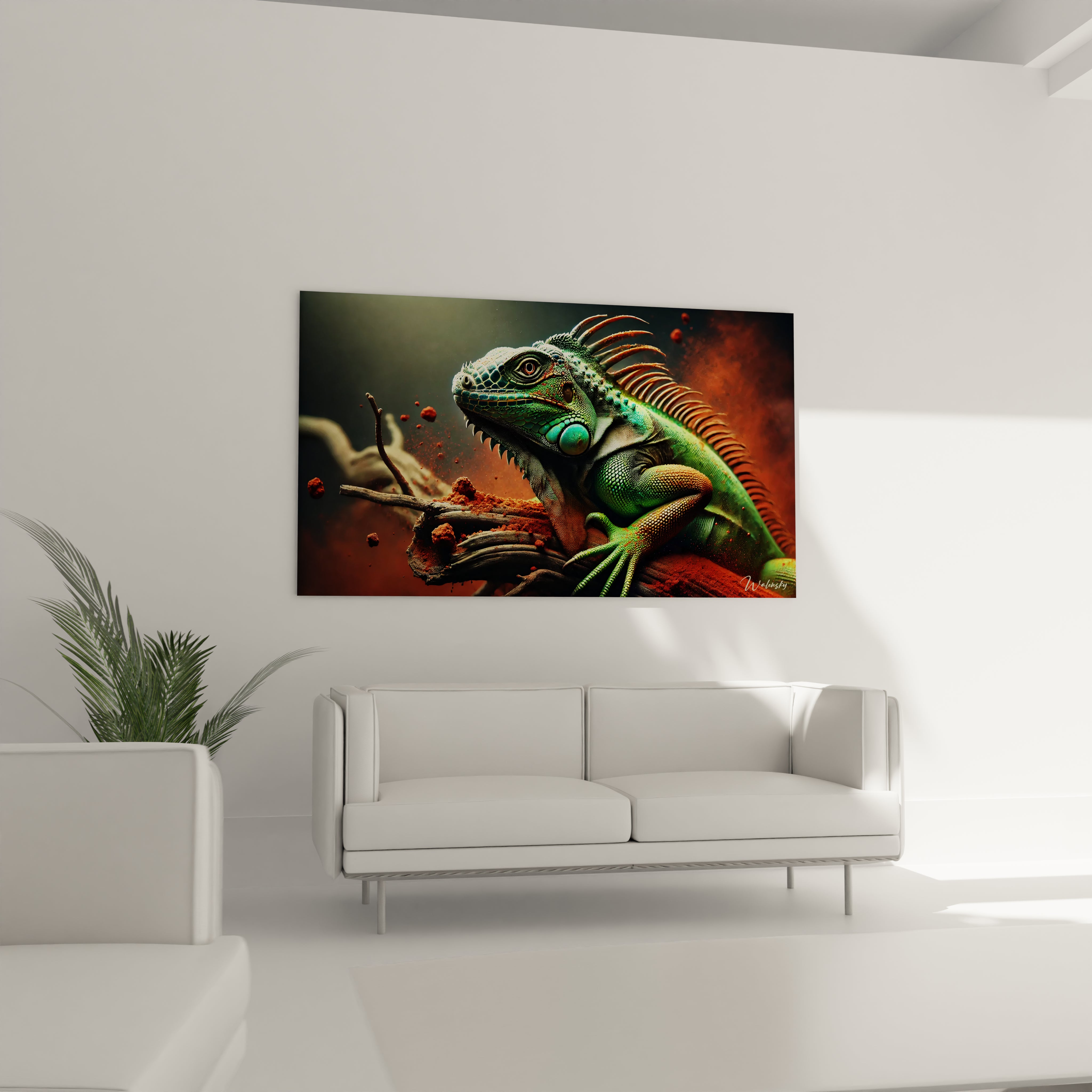 Apportez de la vie à votre salon avec ce tableau iguane. Accroché au-dessus du canapé, il attire l’œil par ses couleurs audacieuses et ses textures réalistes, évoquant la nature brute.

