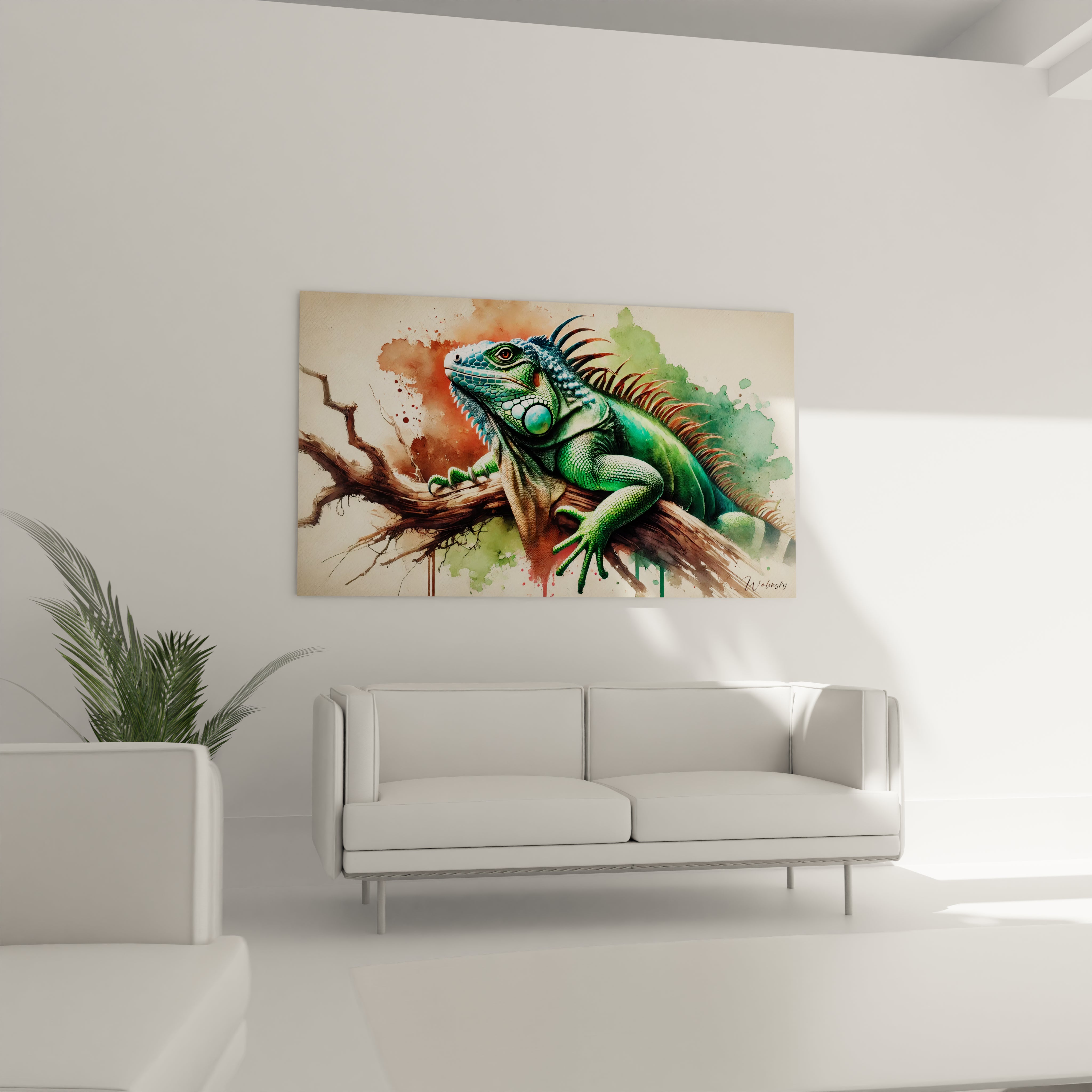 Apportez la vivacité de la nature dans votre salon avec ce tableau iguane. Placé au-dessus du canapé, il crée un contraste saisissant et attire tous les regards avec ses couleurs éclatantes.

