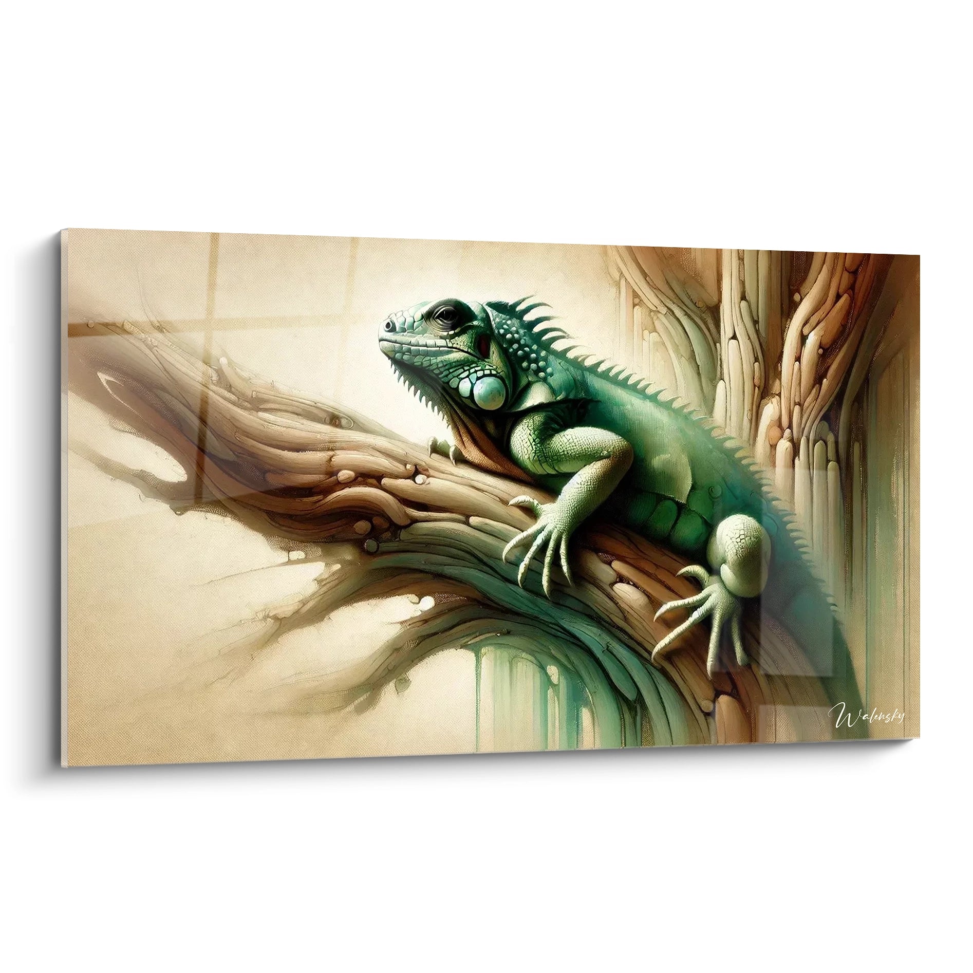 tableau iguane majestueux capturant l equilibre entre nature et animal grace a des courbes douces et textures organiques vue de biais il se fond harmonieusement dans n importe quel espace decoratif

