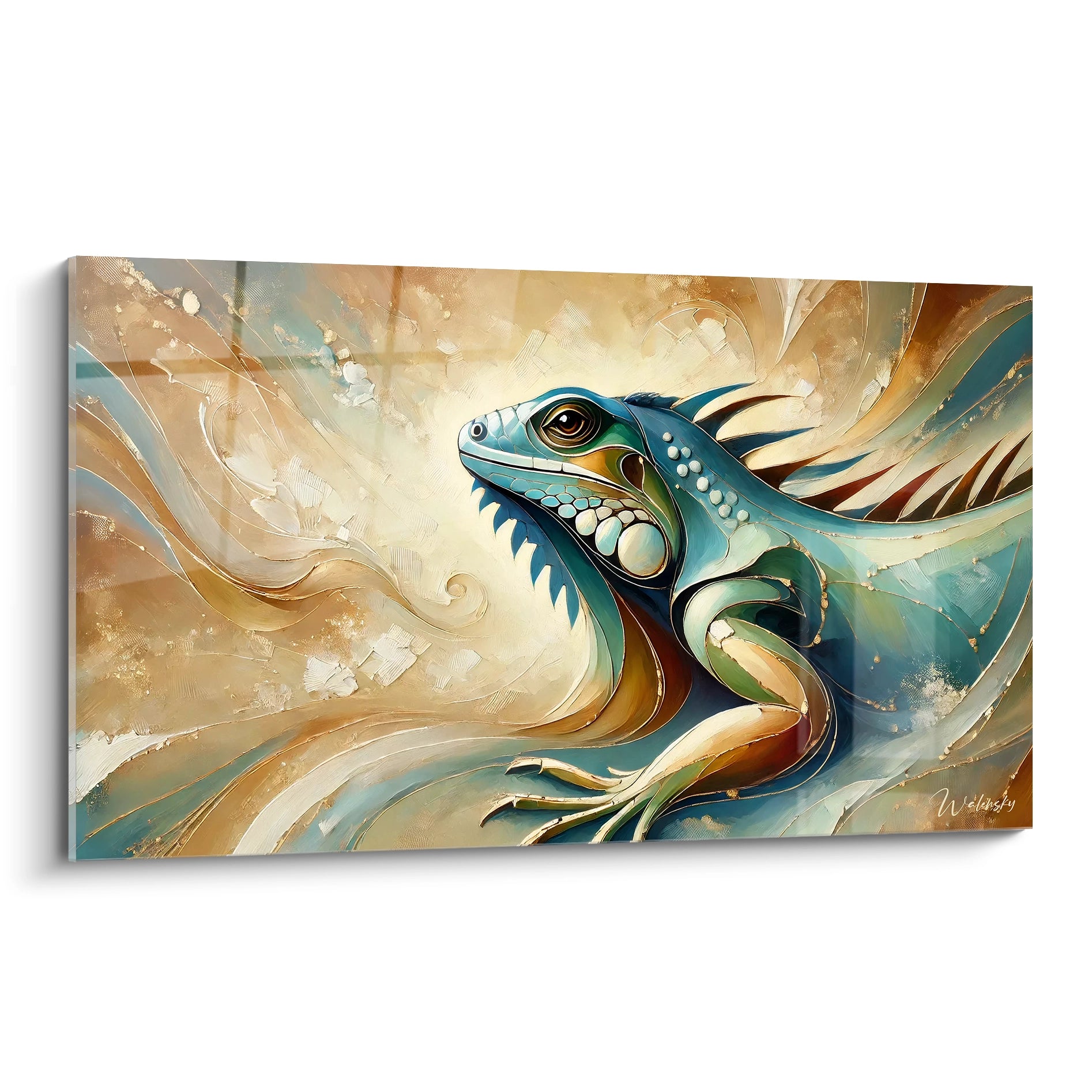 Admirez le tableau iguane, une œuvre captivante qui fusionne abstraction et nature. Les courbes tourbillonnantes mettent en valeur l'iguane dans un jeu de couleurs vives. Un choix parfait pour un intérieur unique.

