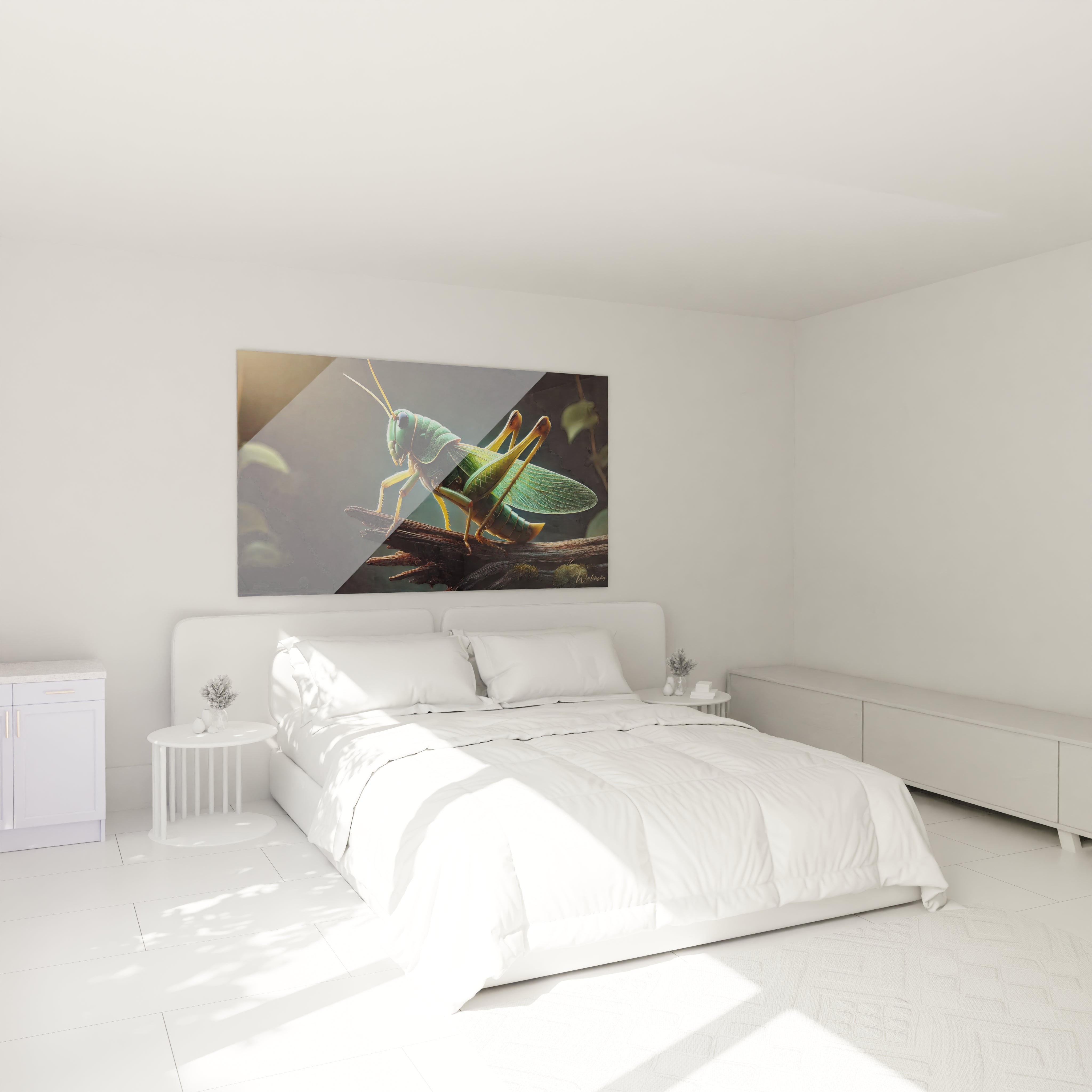 tableau insecte dans une chambre au dessus du lit offre une atmosphère calme et apaisante la sauterelle réaliste émerge dans une lumière douce apportant une touche de nature à la décoration

