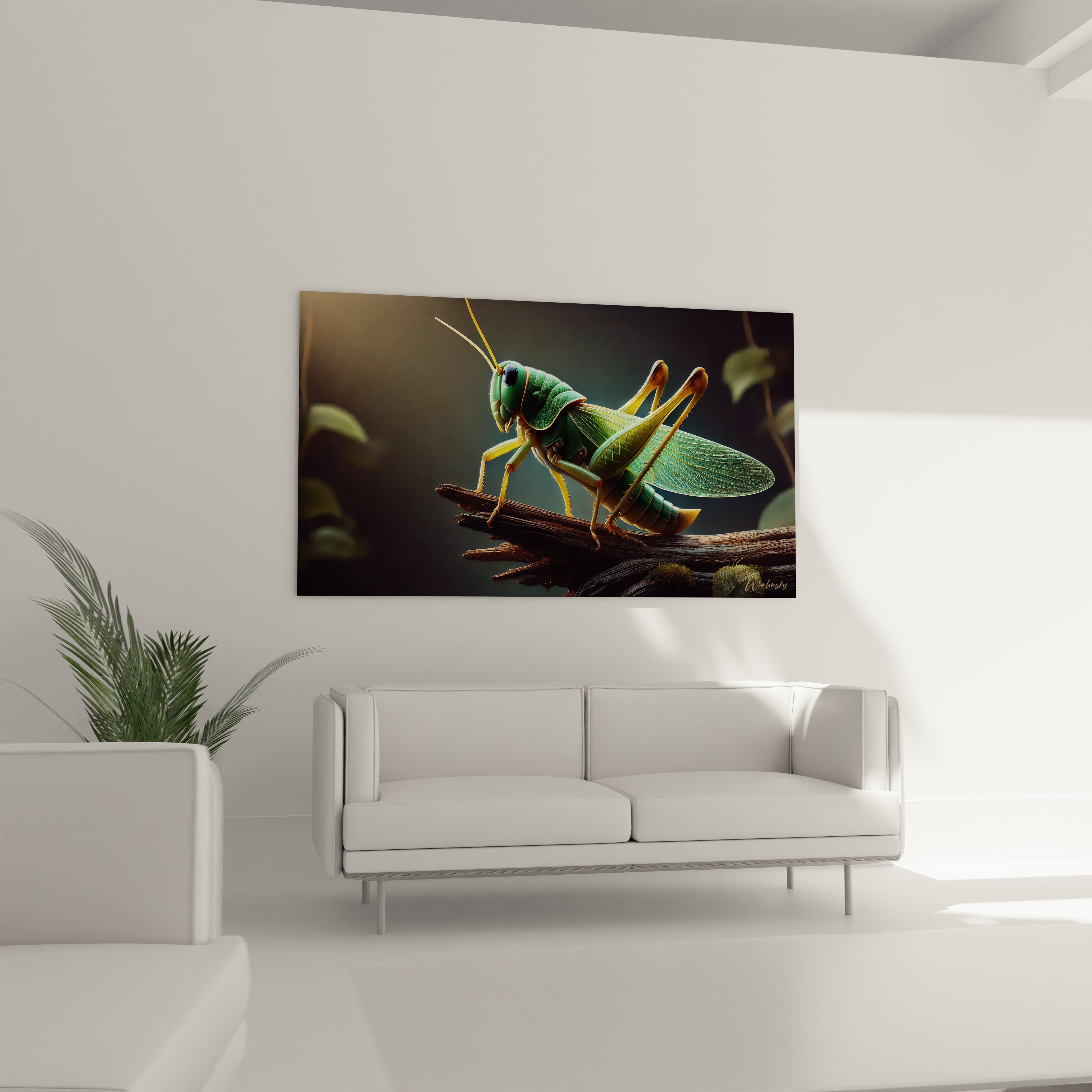 tableau insecte au dessus du canapé dans le salon capte l attention par ses détails minutieux et ses couleurs vibrantes il ajoute une note de sophistication naturelle à l espace intérieur

