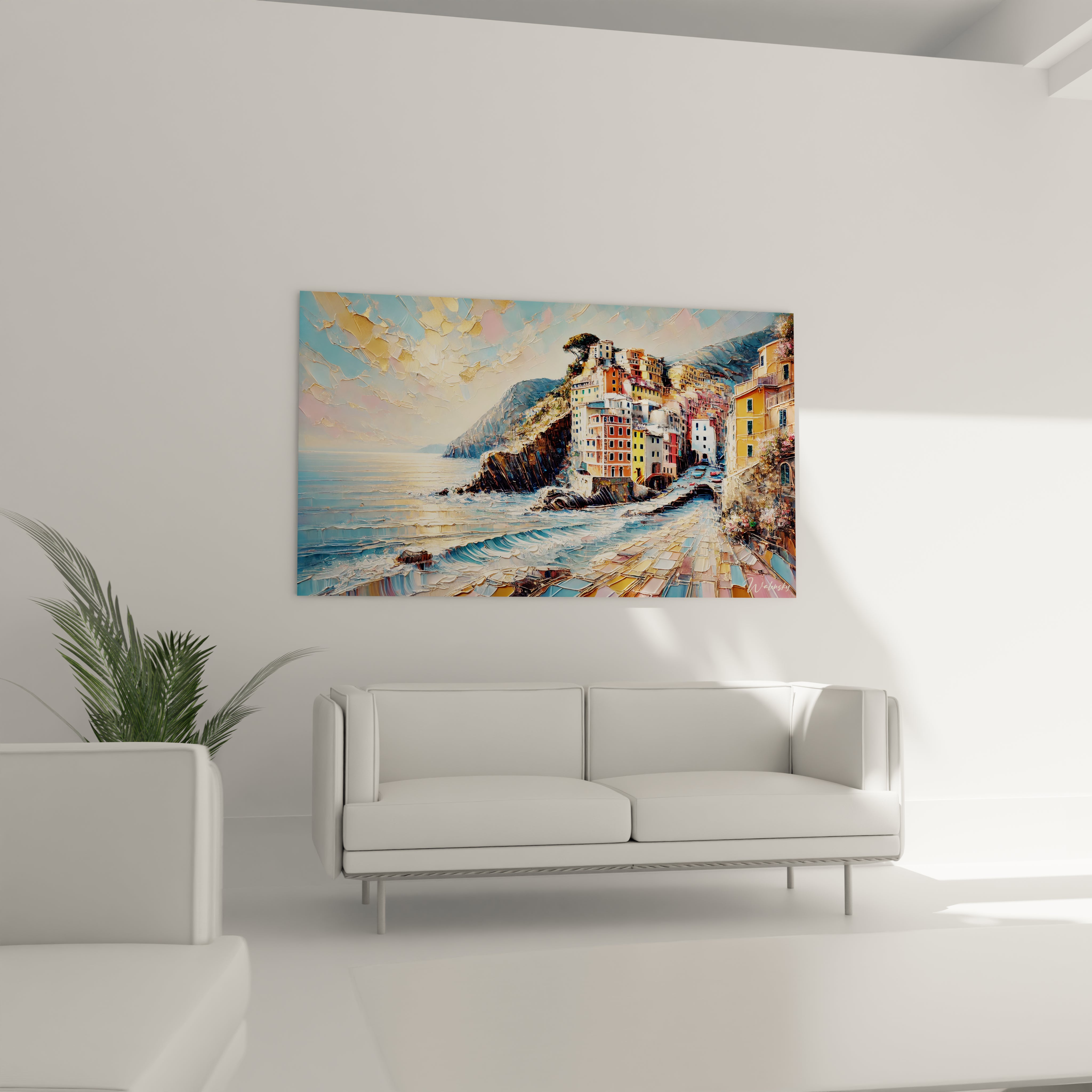 tableau Cinque Terre au mur dans un salon ajoute vie et chaleur au-dessus du canapé avec ses textures épaisses et couleurs éclatantes. Il évoque la côte italienne et transforme la pièce en havre méditerranéen.

