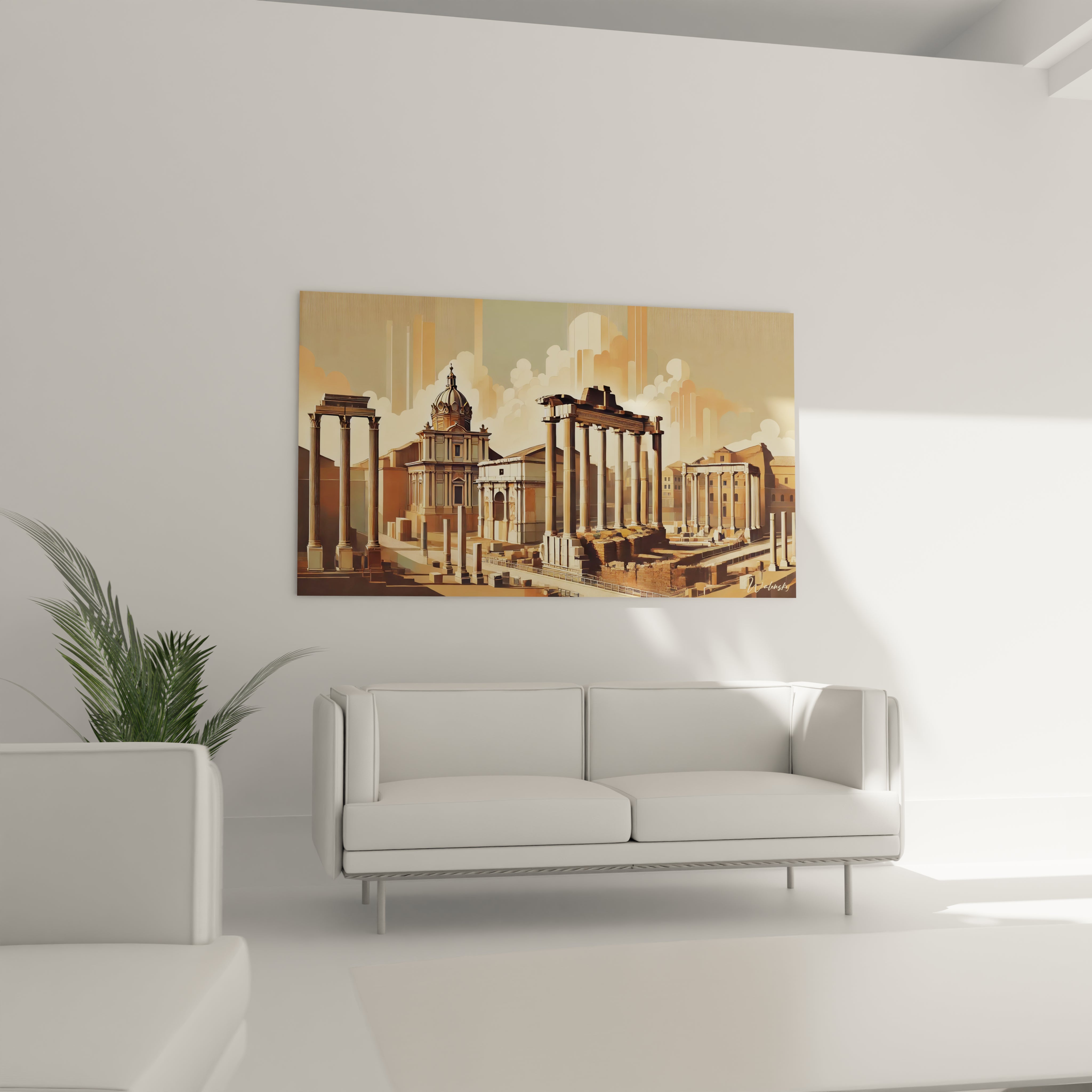 tableau rome au-dessus d un canape teintes douces beige bronze histoire modernite textures riches style minimaliste
