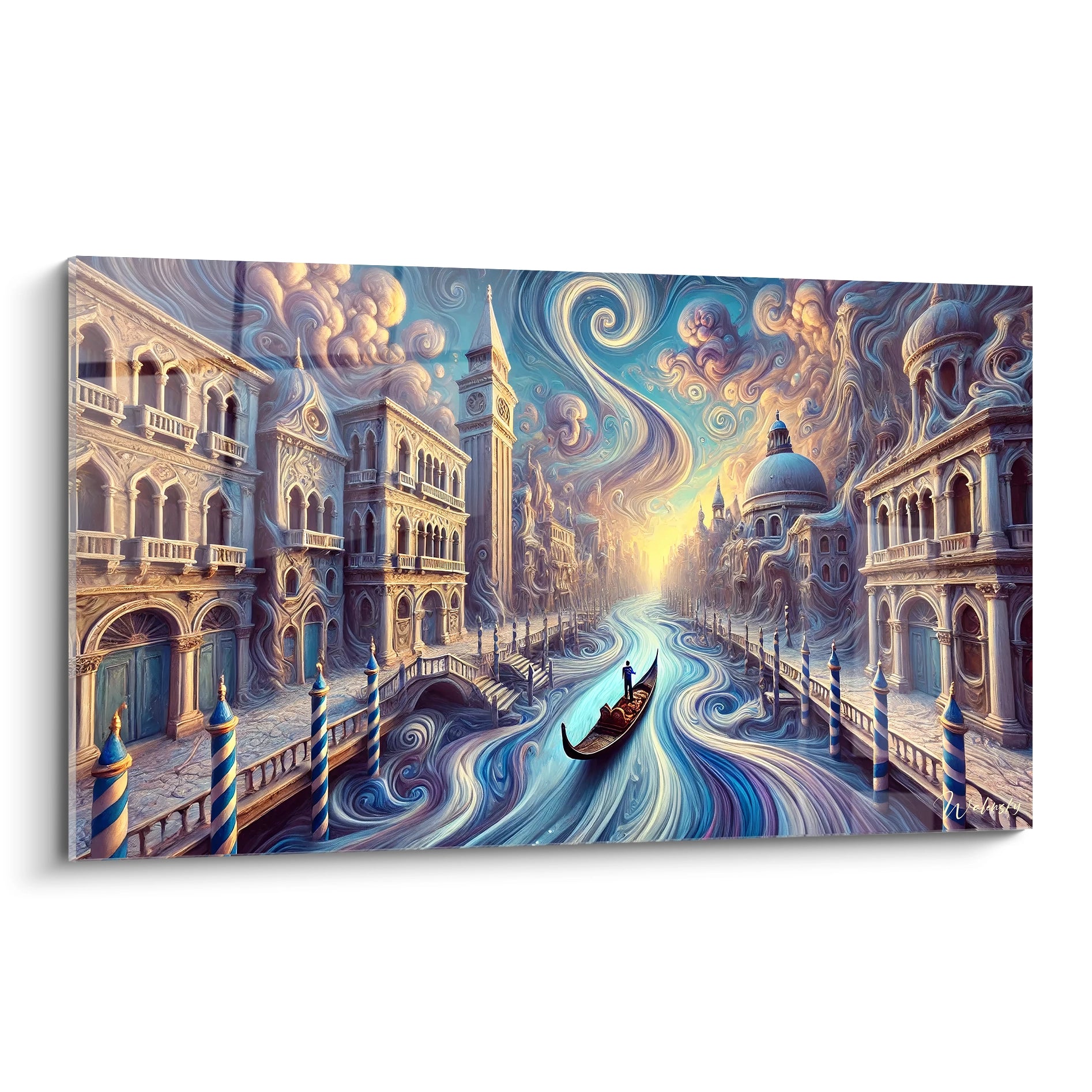 Tableau Venise vu de biais : Une palette vibrante de bleu et orange dévoile une Venise surréaliste où les canaux dansent avec les façades. Les textures fluides évoquent le mouvement hypnotique de l'eau.

