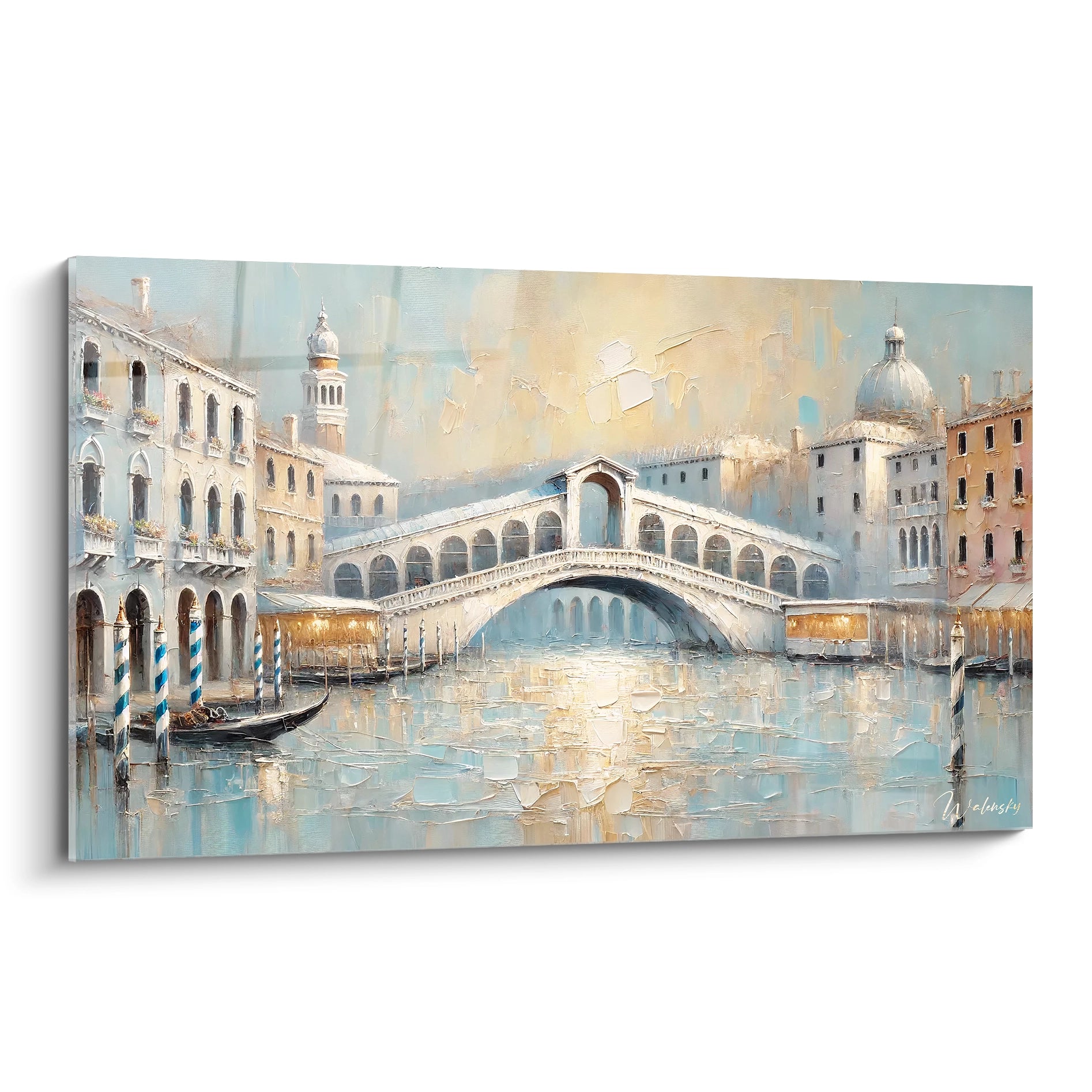 tableau Venise vu de biais avec ses reflets argentés et bleus rappelant le lever du soleil sur le Grand Canal et les pierres du pont Rialto dans une ambiance lumineuse et texturée impressionniste.

