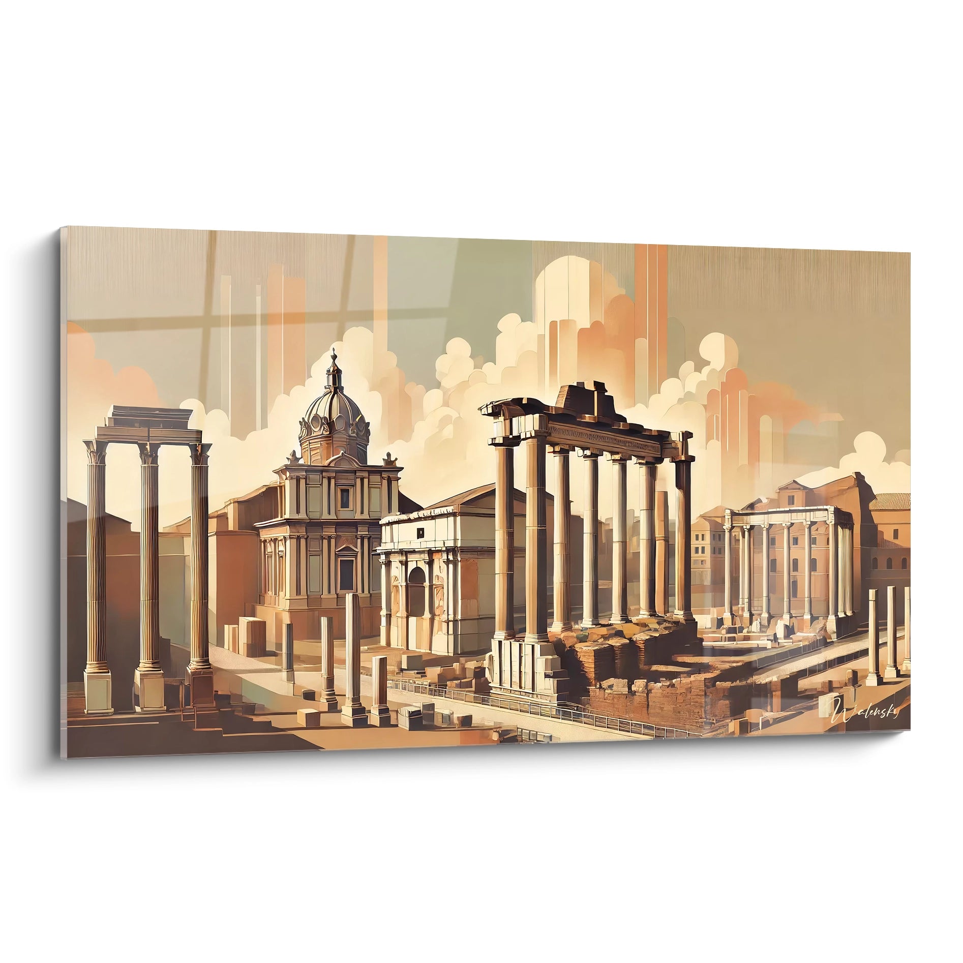 tableau rome vu de biais beige bronze blanc colonnes epurees textures subtiles lumiere douce rappelant histoire
