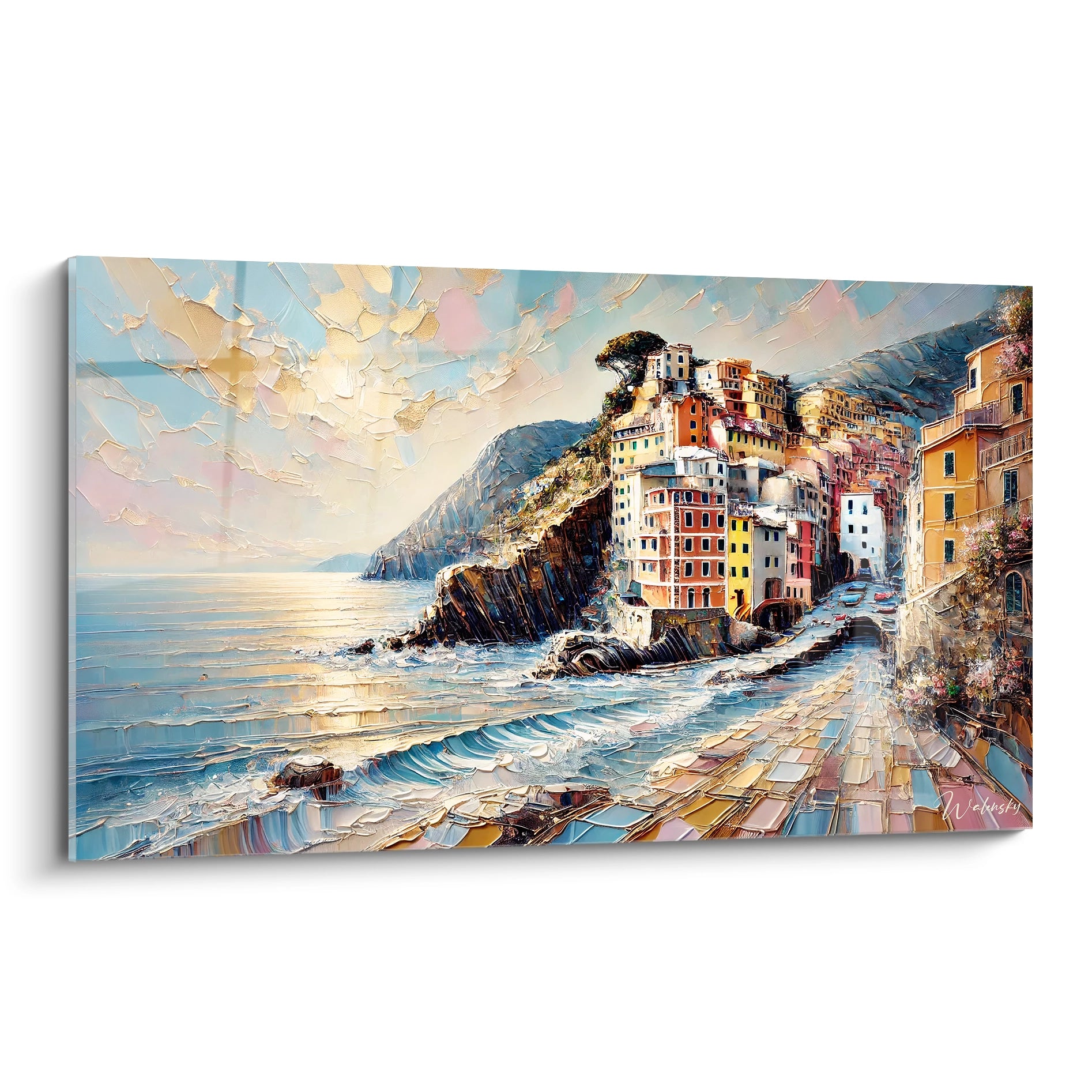 tableau Cinque Terre vu de biais présente des maisons colorées suspendues sur des falaises au bord de la mer méditerranéenne avec des reliefs texturés et des tons lumineux évoquant l'Italie.

