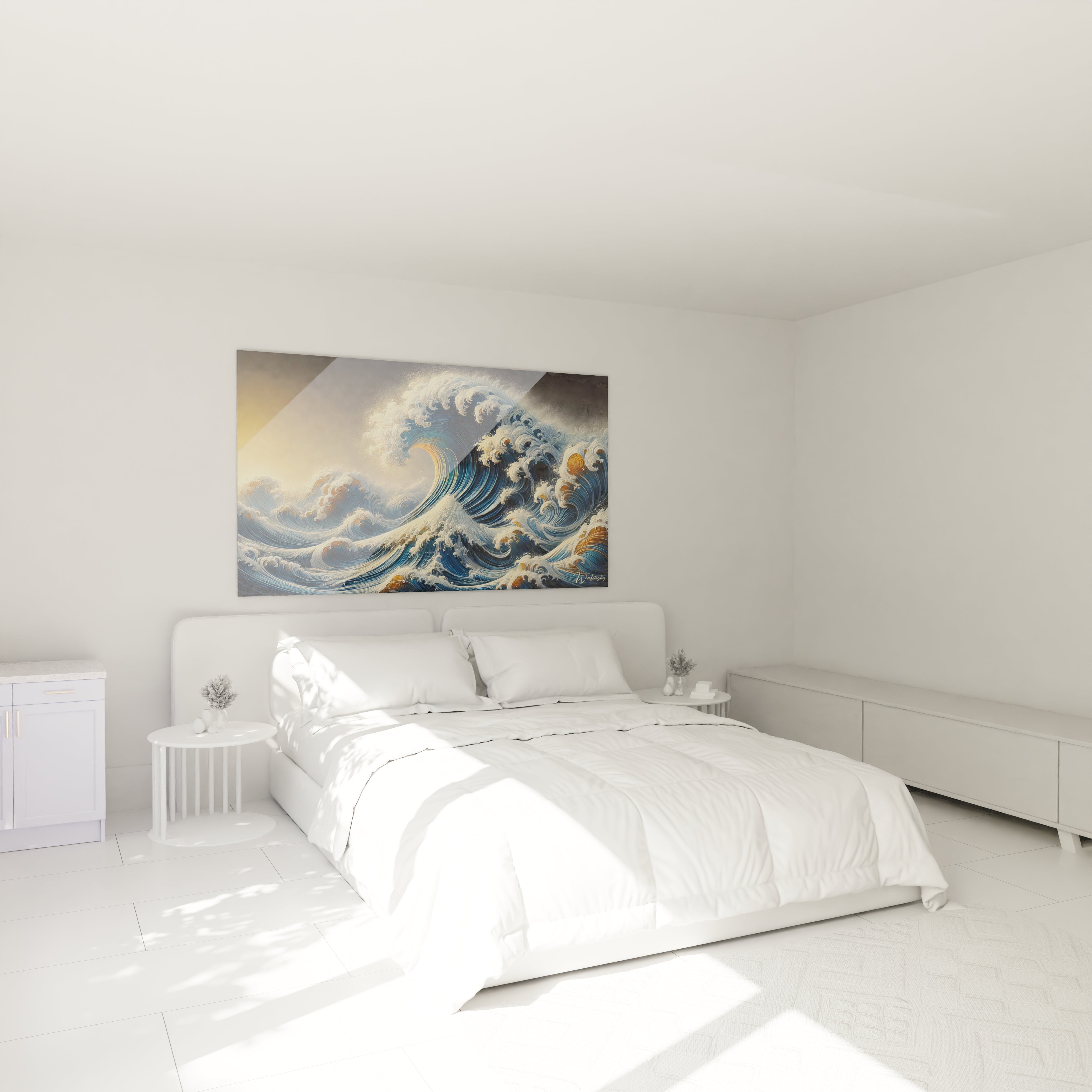 Le tableau japonais apporte une ambiance apaisante et dramatique dans la chambre avec ses vagues puissantes au dessus du lit evoquant la force de la nature et un design moderne

