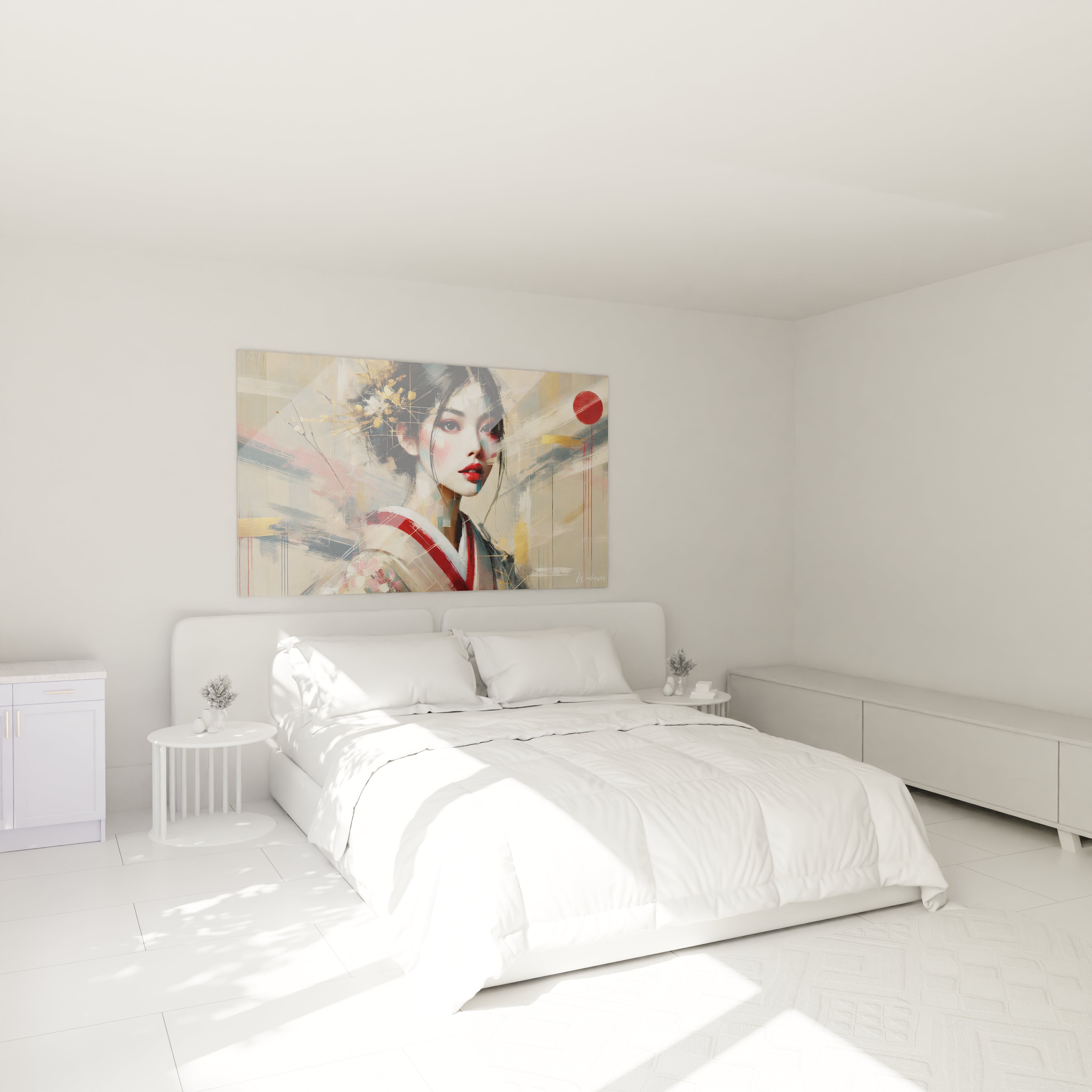 Dans une chambre zen, ce tableau japonais illumine l'espace au-dessus du lit. La geisha contemporaine apporte une touche de mystere et d’elegance, avec des details dorees soulignant sa sophistication.

