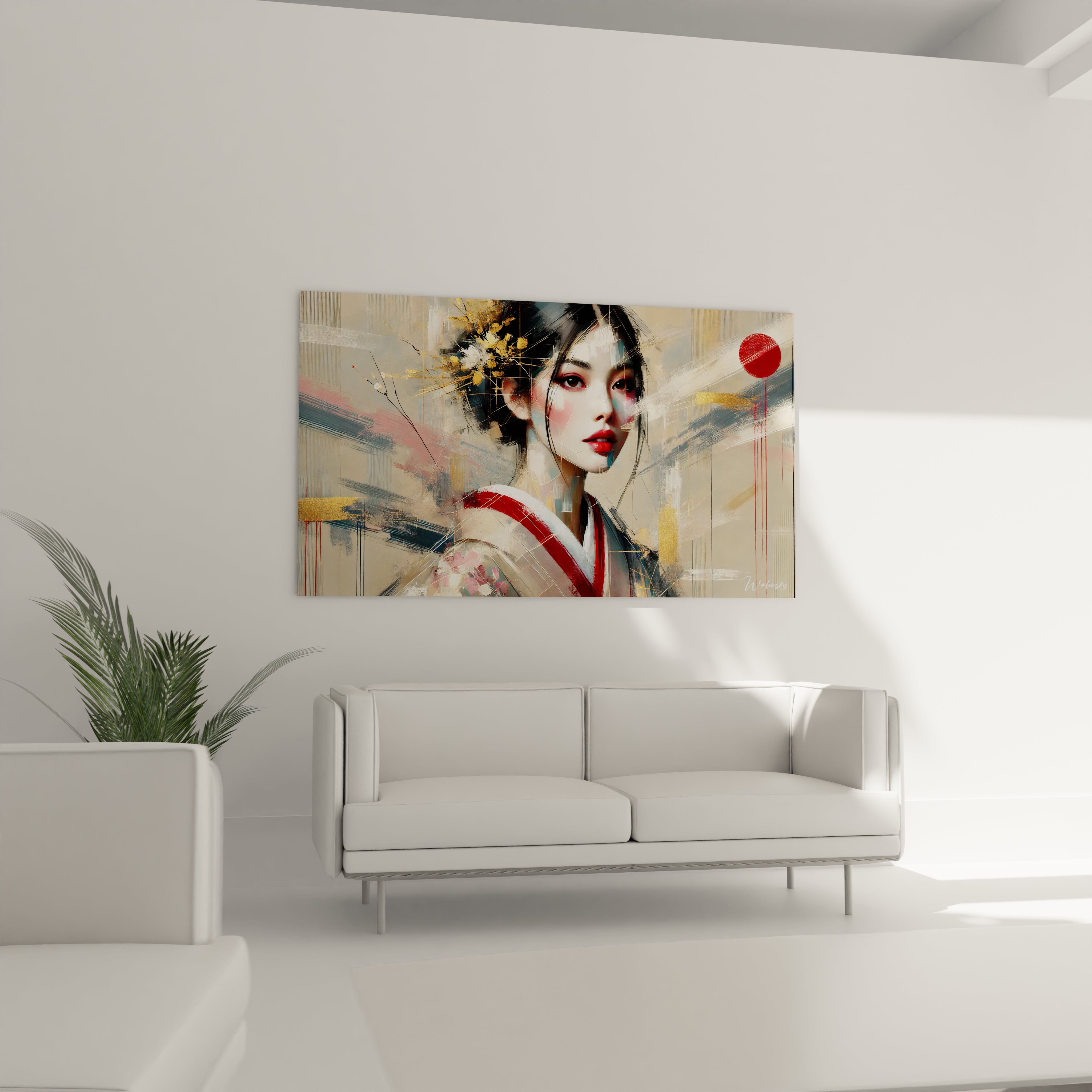 Accroche au-dessus du canapé dans un salon, ce tableau japonais enrichit l’ambiance avec ses contrastes subtils de rouge et d’or. La geisha incarne tradition et modernite dans un style unique.

