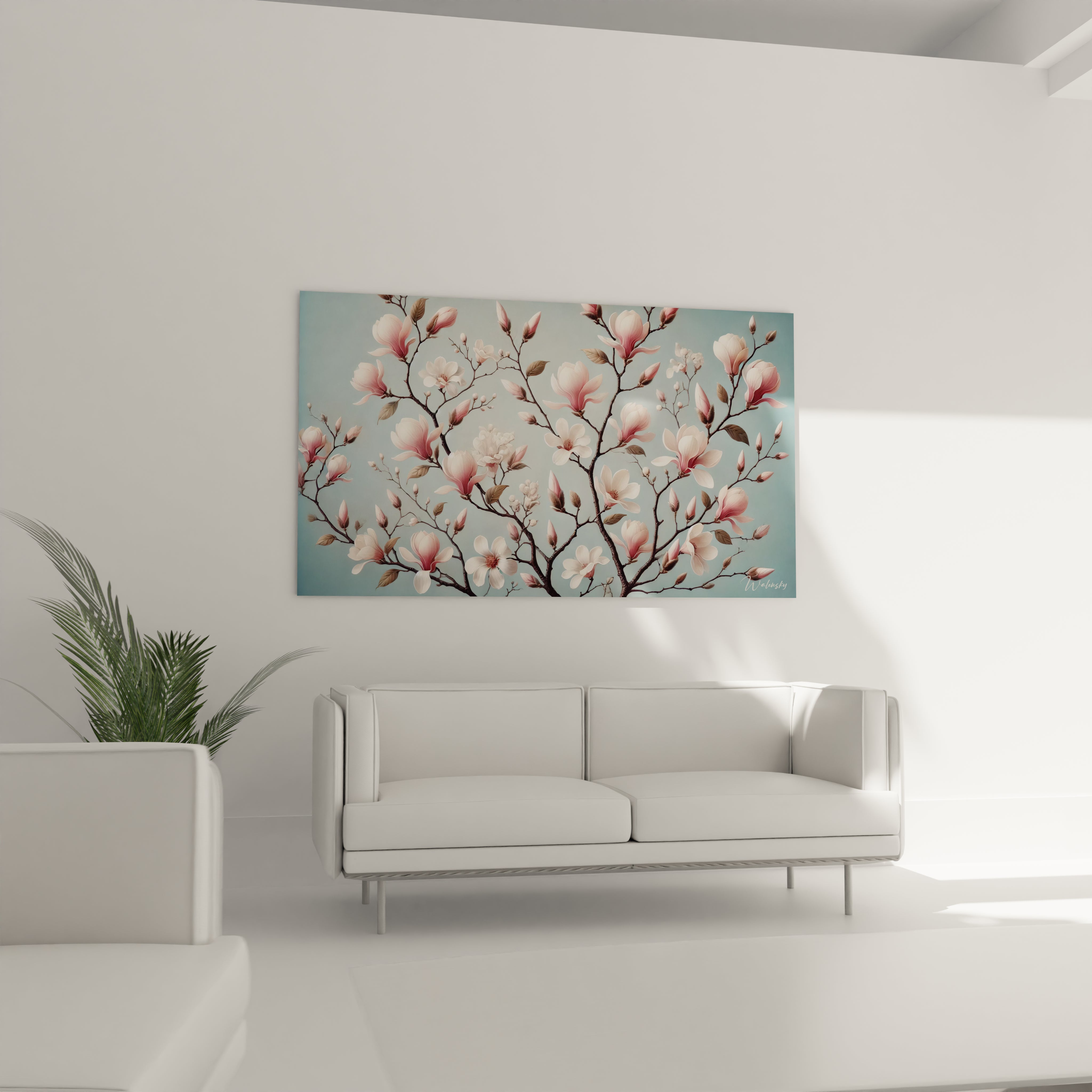 Tableau japonais au-dessus du canape, ideal pour sublimer un salon avec la beaute epuree des magnolias. Harmonie de nuances bleues et roses, parfait pour une ambiance zen.

