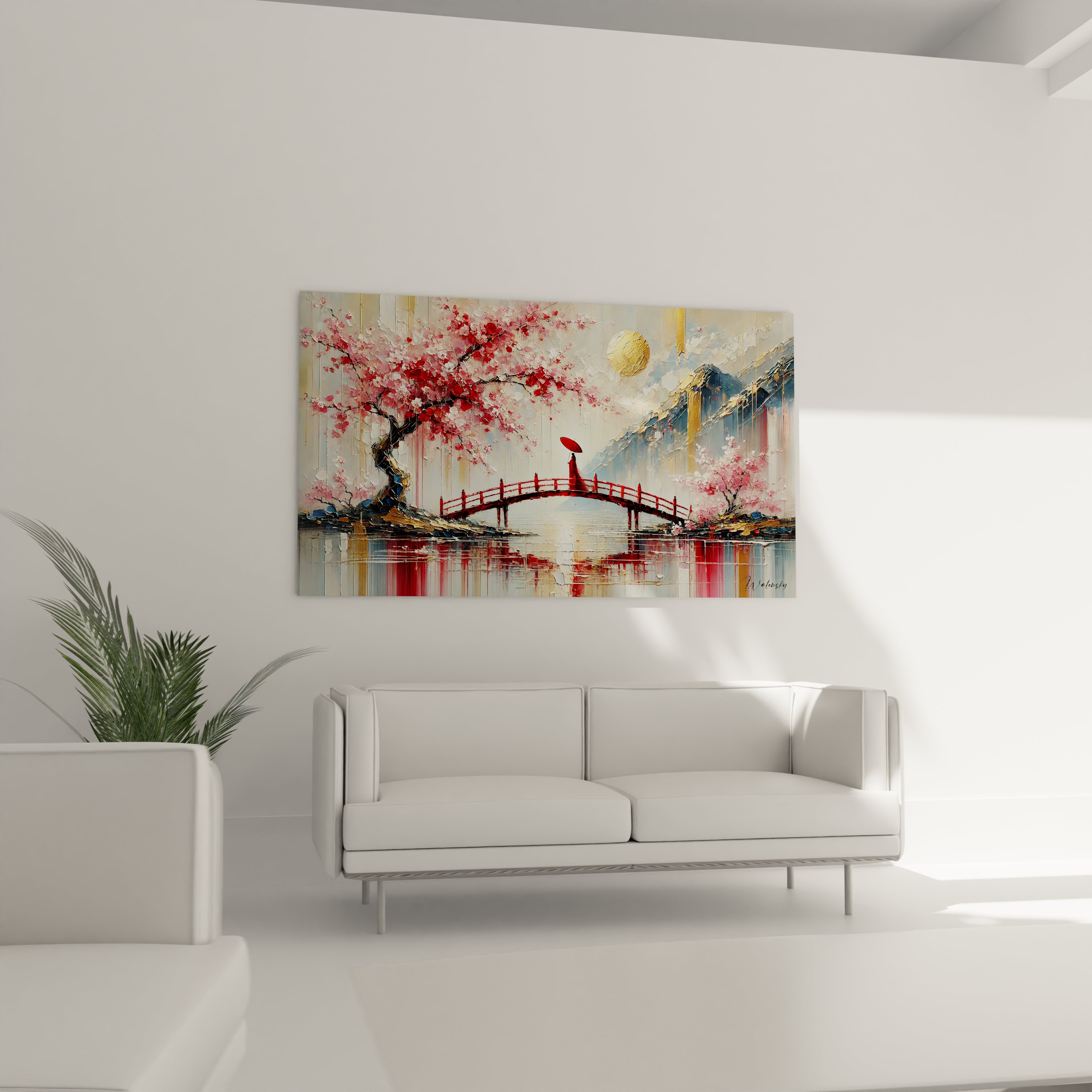 Accroche au dessus du canapé ce tableau japonais apporte une touche d harmonie Le pont rouge et les arbres en fleurs s integrent parfaitement dans un salon apaisant

