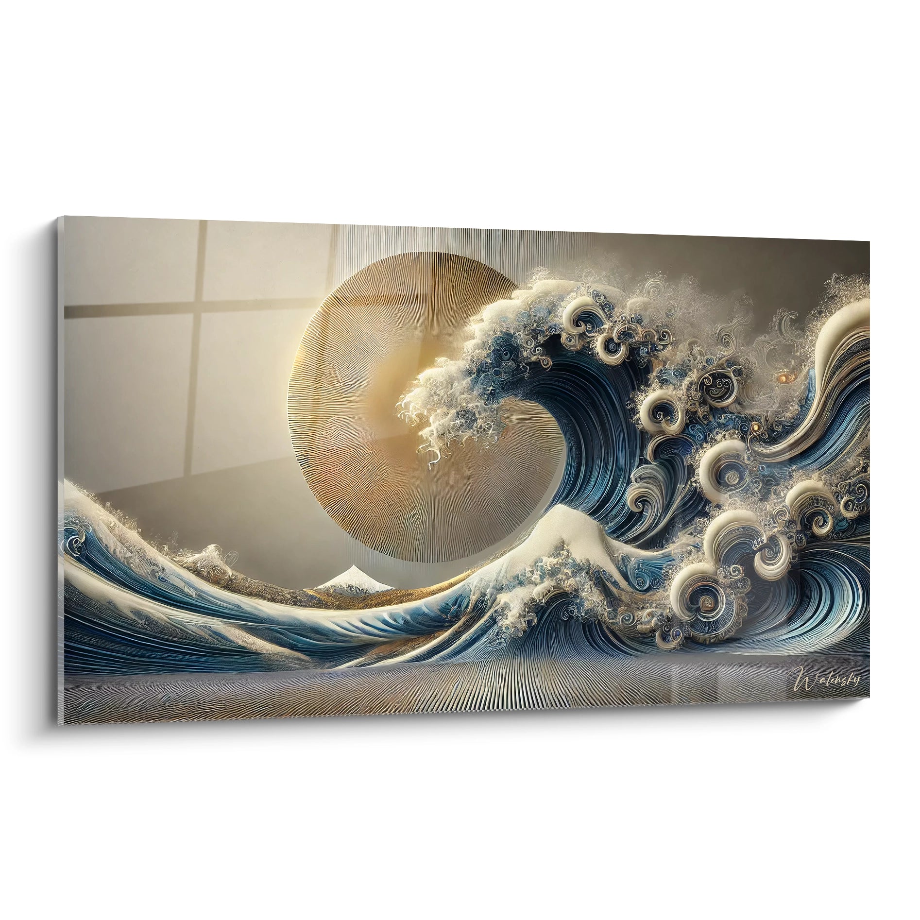 tableau japonais vue de biais avec des courbes élégantes bleu marine, doré et blanc, évoquant la danse des vagues et la sérénité spirituelle. Harmonie entre énergie brute et lumière divine.

