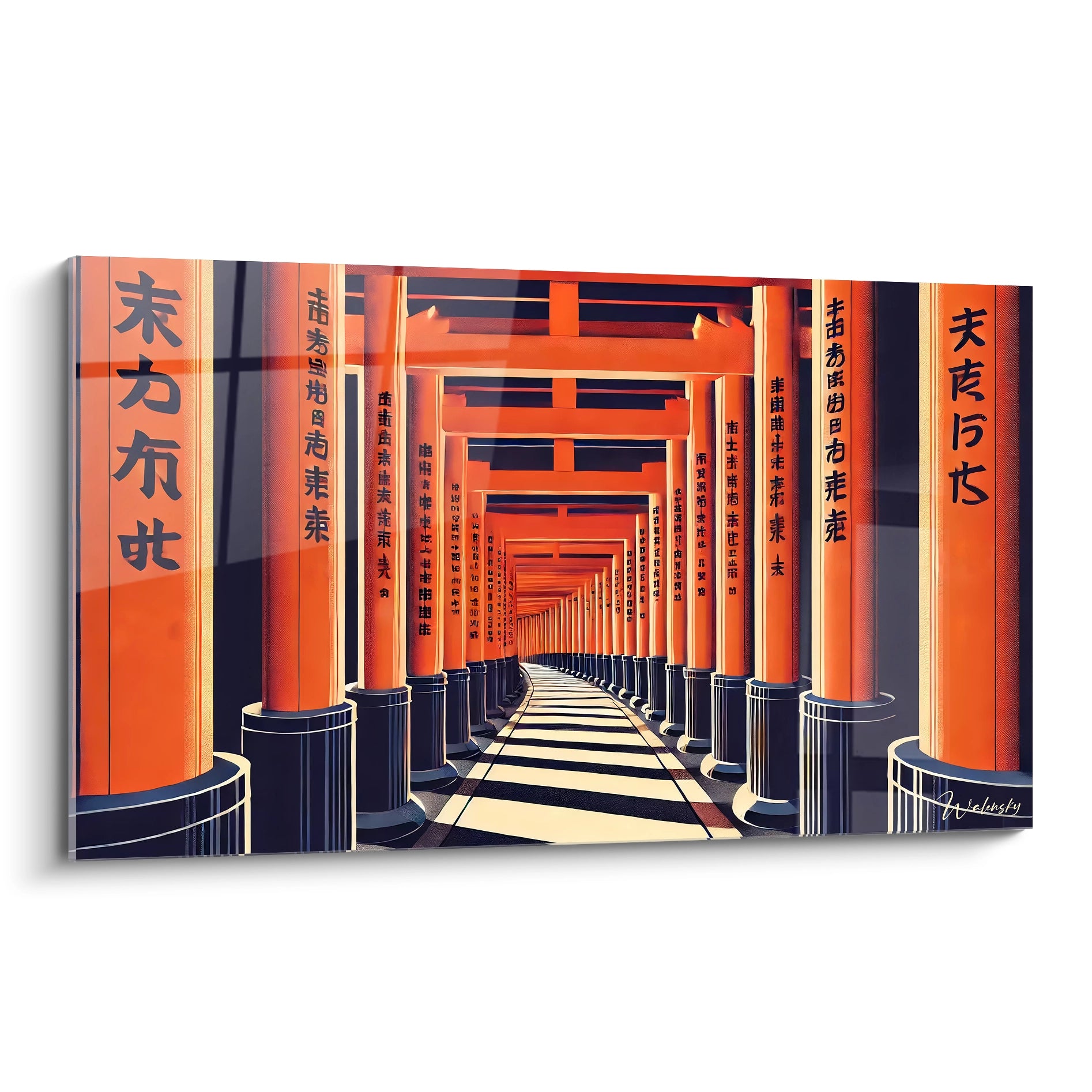 Un tableau japonais captivant aux torii rouges alignés, jouant sur la symétrie et la profondeur. Orange vif et noir s’allient au beige pour évoquer une transition spirituelle et apaisante.

