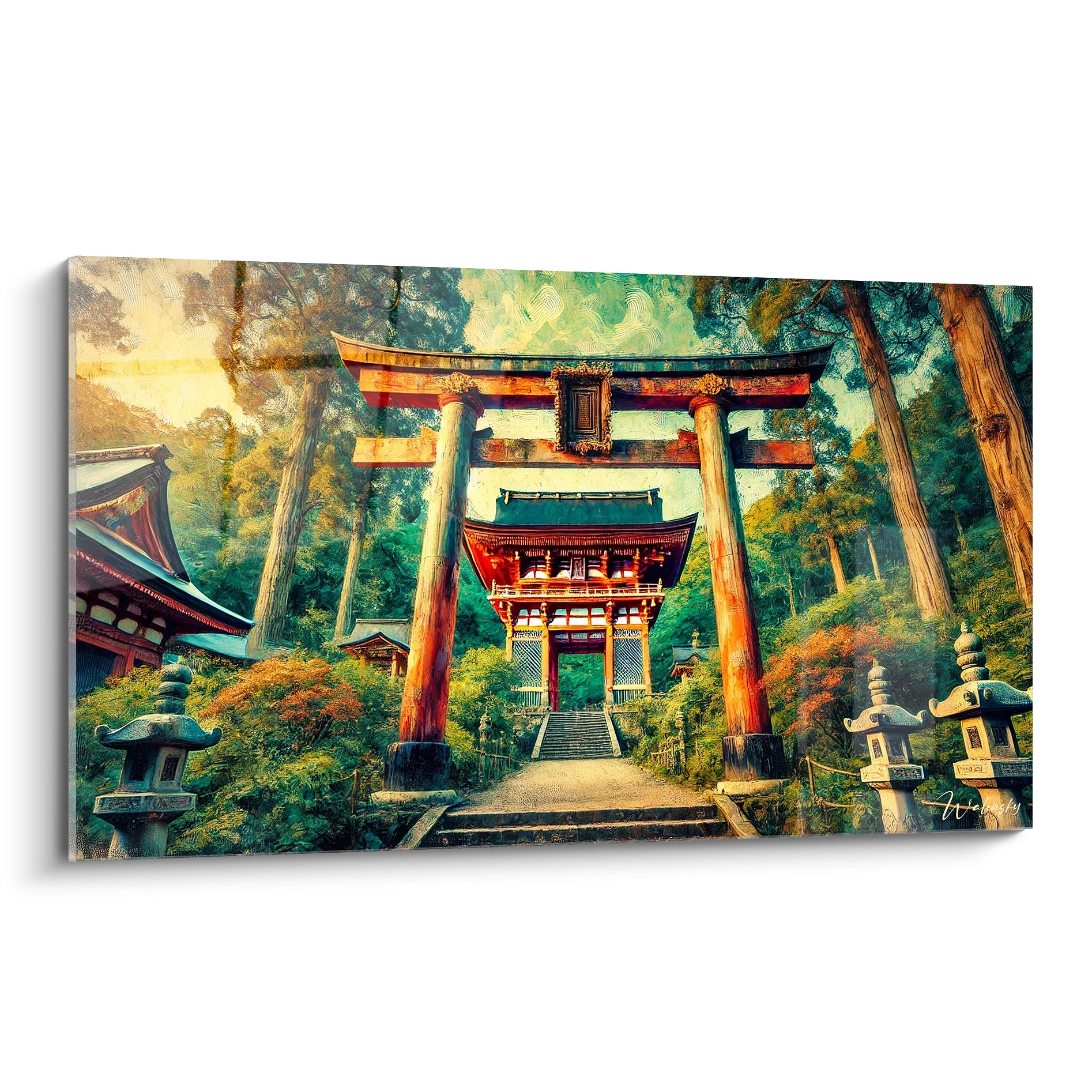 tableau japonais vu de biais montrant des torii majestueux avec des tons orange vif, ombrages détaillés et textures bois naturel, entouré de verdure apaisante et lumière douce mystique.

