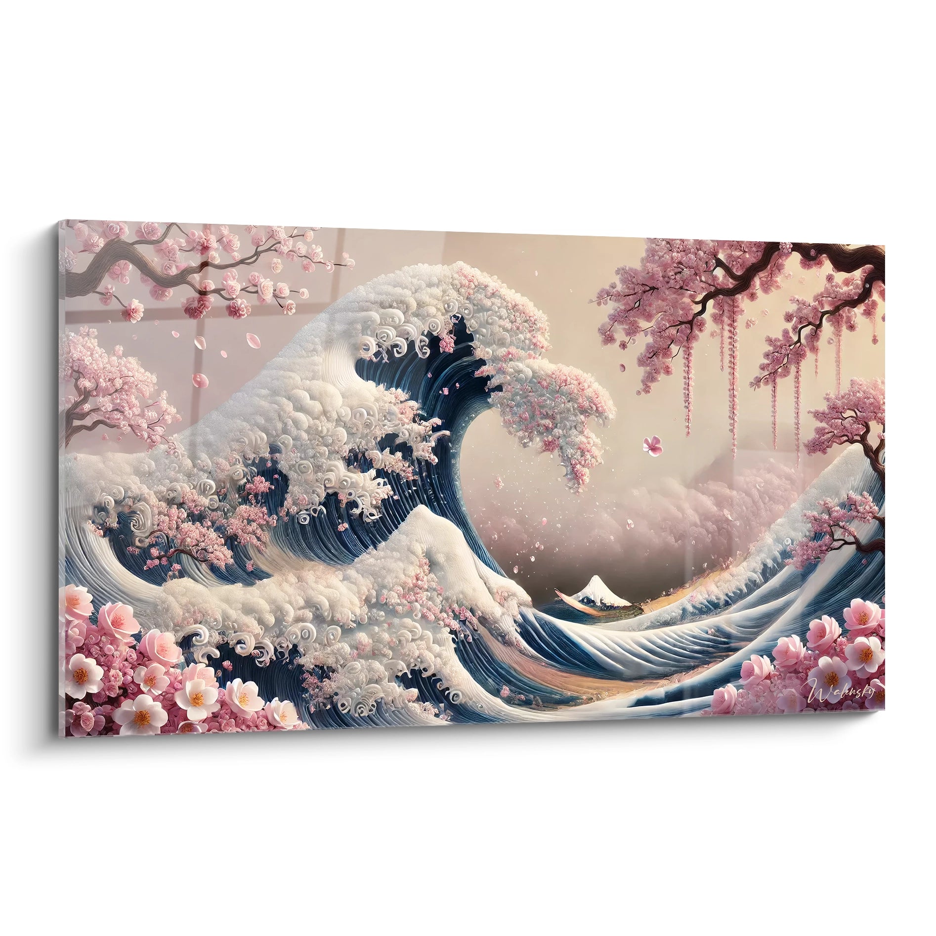 tableau japonais vu de biais sur fond blanc les couleurs bleu marine rose et blanc s'entrelacent harmonieusement les détails capturent la force de l'océan et la délicatesse des cerisiers en fleurs

