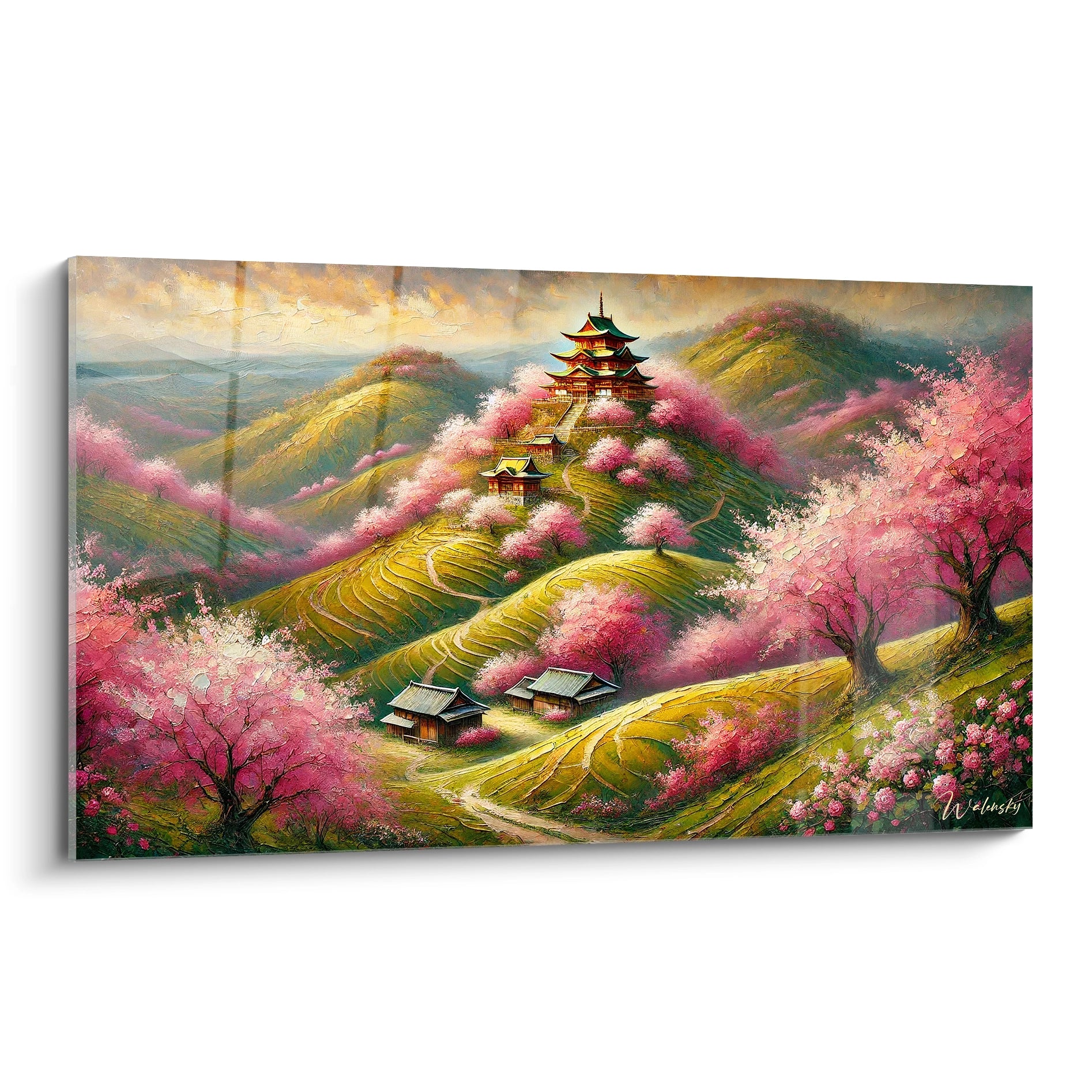 Vue de biais du tableau Cerisier Japonais dévoilant des collines en relief rose et or, avec des temples en bois entourés de fleurs éclatantes, capturant un printemps japonais intemporel.

