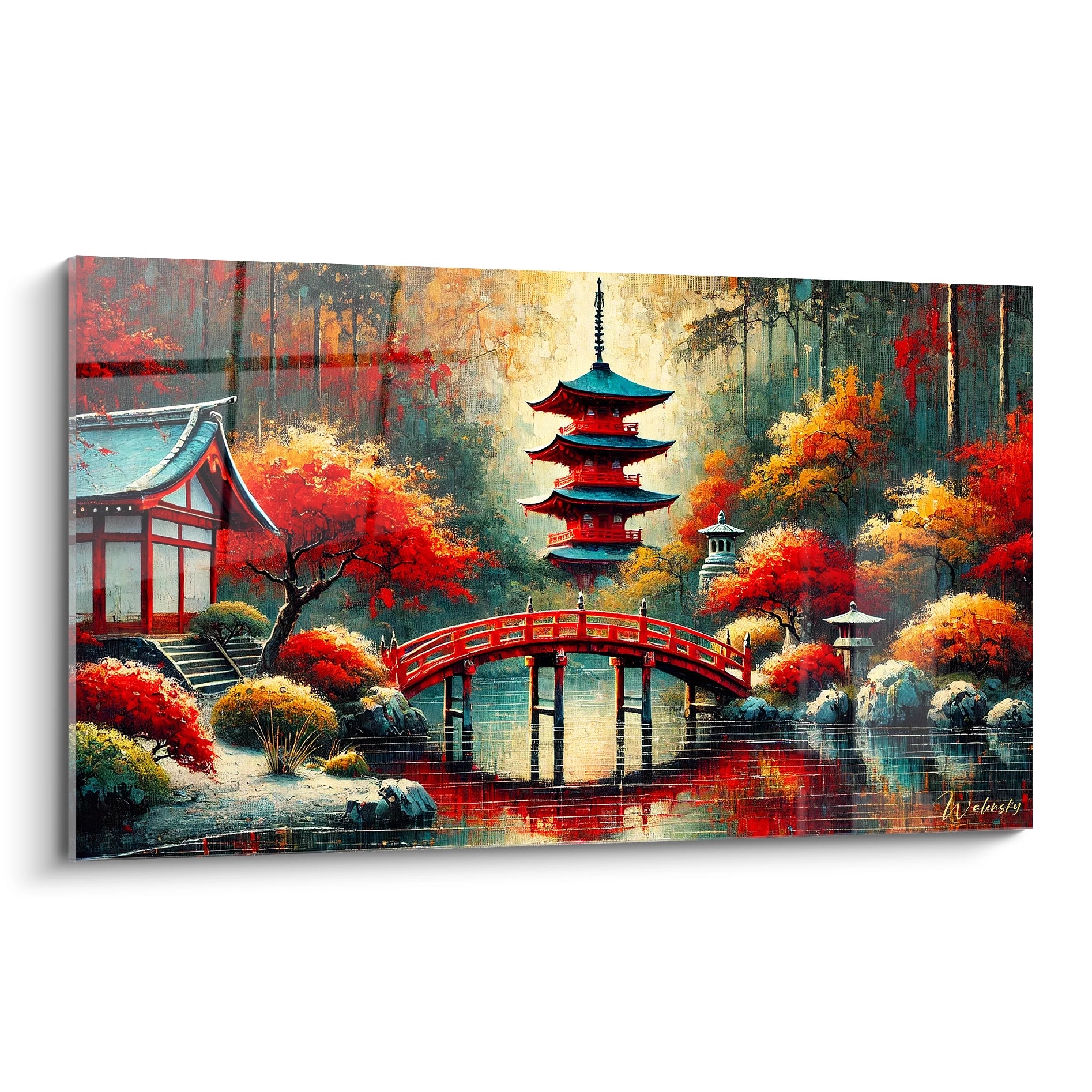 Vue de biais de ce tableau japonais capturant des érables rouges vibrant au-dessus d’une pagode, évoquant l’harmonie des jardins d’automne.
