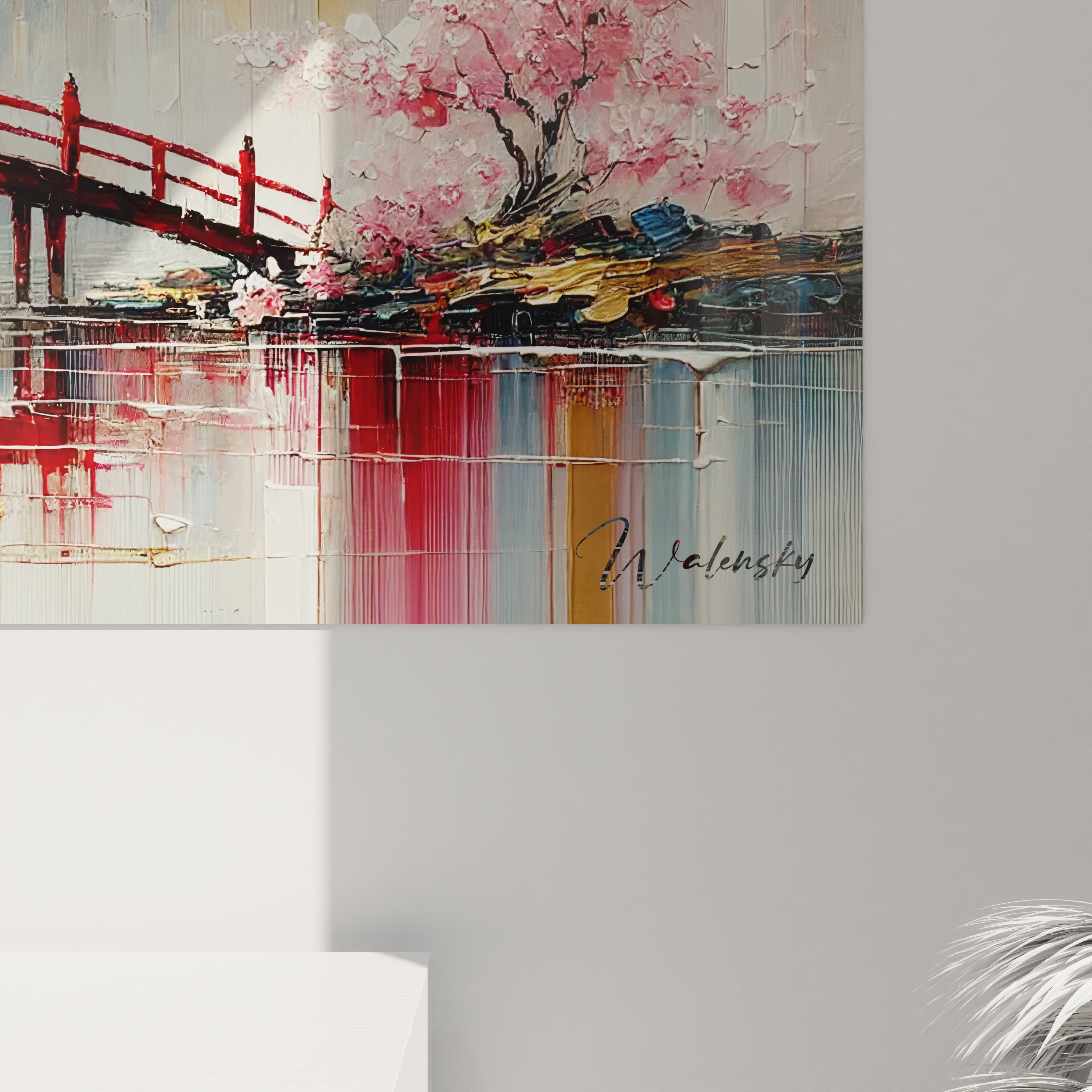 Vue de pres de ce tableau japonais avec des textures contemporaines qui soulignent les details du pont rouge des arbres en fleurs et des montagnes Lumineux et captivant






