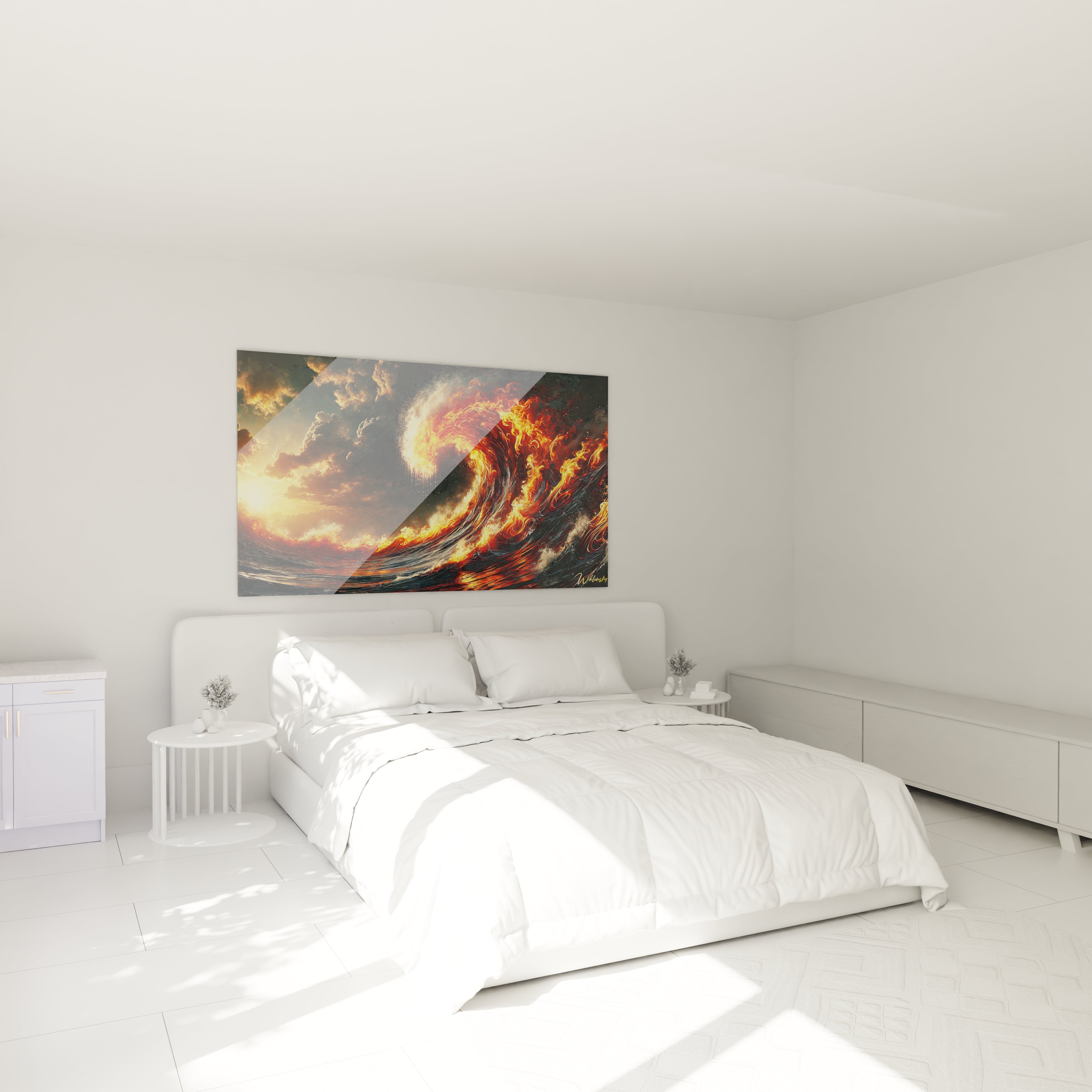 tableau vague japonaise dans une chambre au-dessus d’un lit. L’ambiance est chaleureuse et dramatique avec les couleurs flamboyantes et l’effet apaisant des textures ondulantes des vagues en mouvement.

