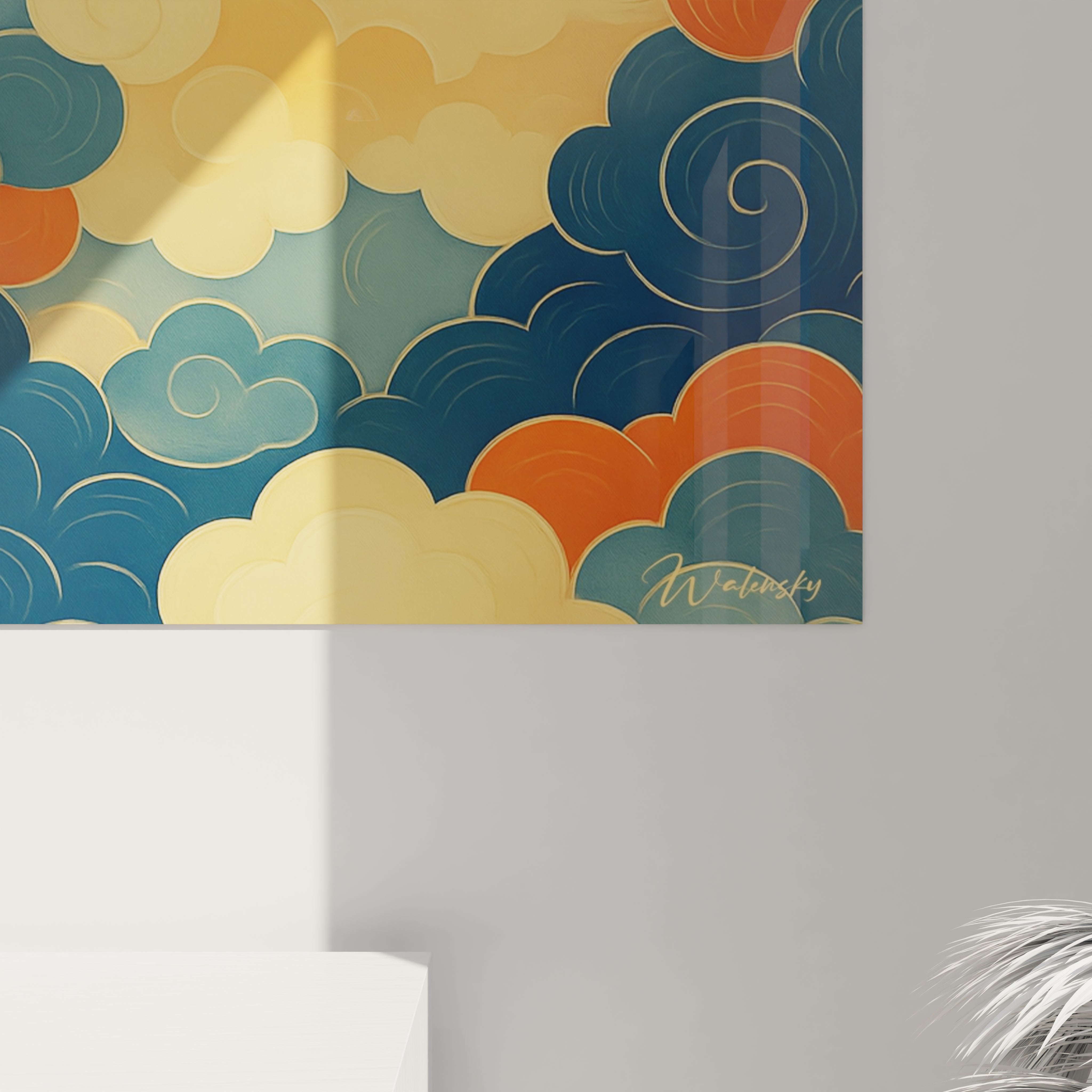 Un tableau japon inspiré des paravents traditionnels, présentant des nuages décoratifs aux contours dorés. Les masses colorées bleues, rouges et beiges s'équilibrent harmonieusement, créant une composition dynamique et fluide avec une finition délicate et des détails minutieux.
