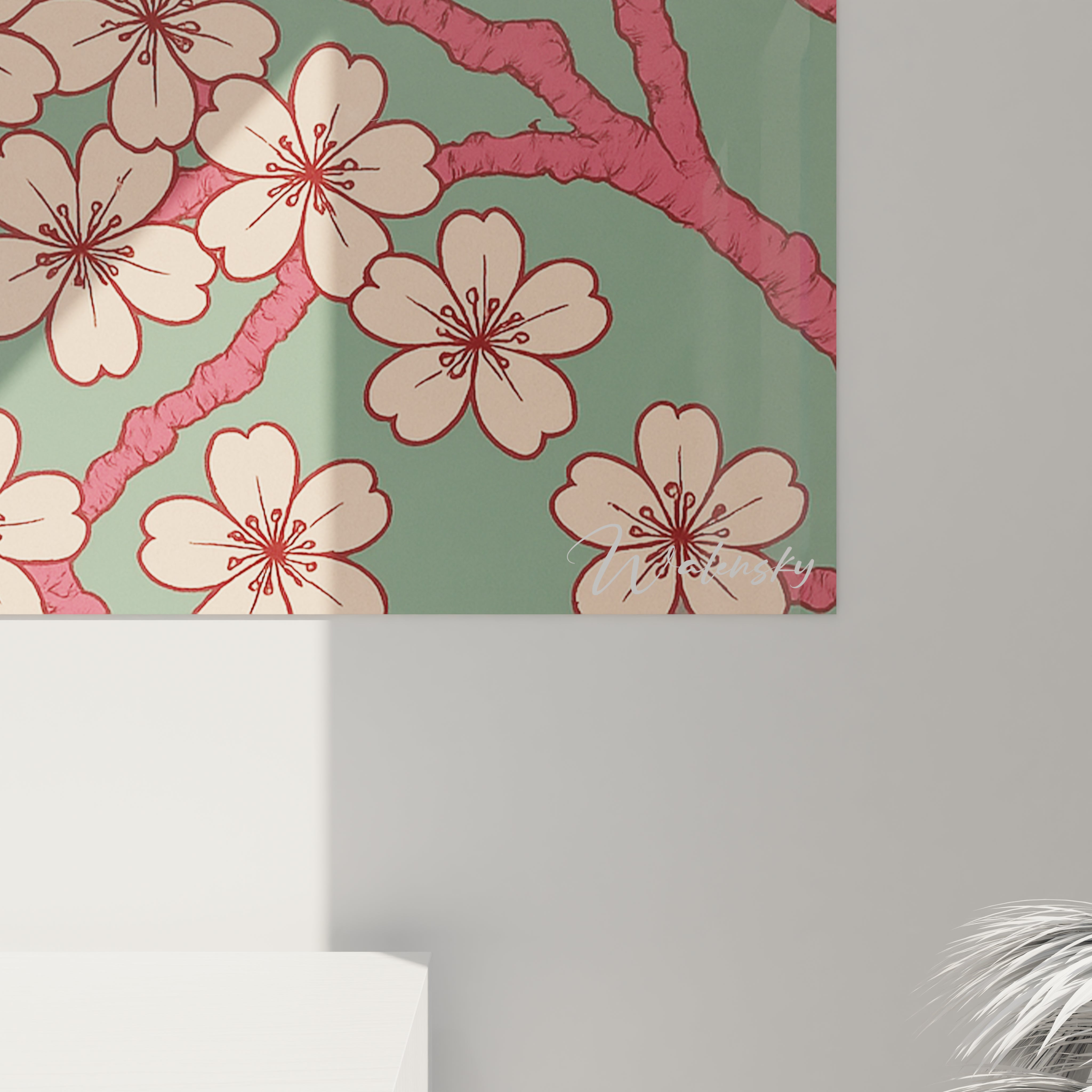 Un tableau japon figurant une composition équilibrée de cerisiers en fleurs, aux pétales pêche délicatement tracés et aux branches rougeâtres organiques qui s'étendent gracieusement sur un fond vert tranquille.
