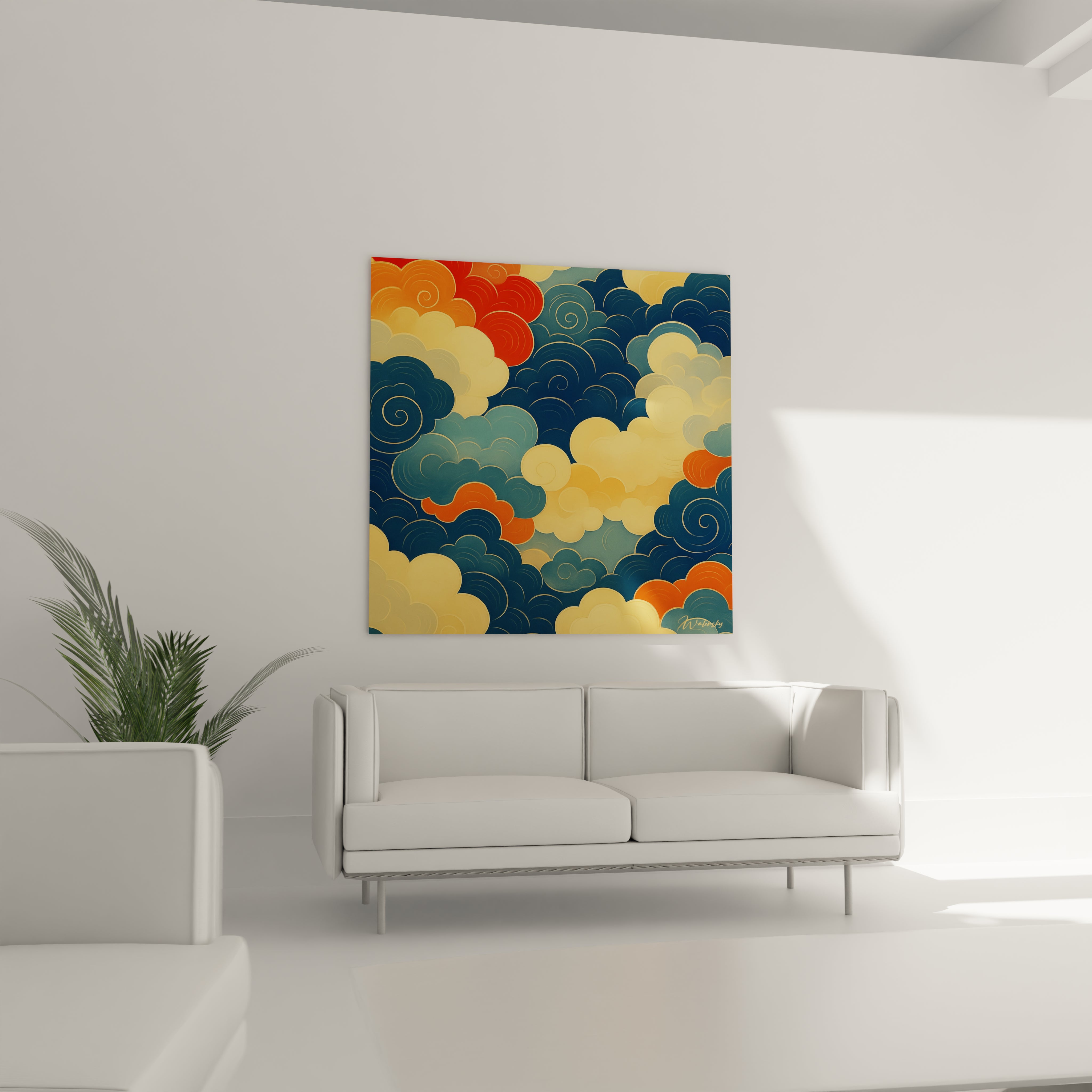 Un tableau japon aux nuages stylisés semblables aux motifs des kimonos traditionnels. Contraste saisissant entre bleu indigo, vermillon et ocre doré, avec des formes arrondies et spiralées délicatement bordées d'or, évoquant une atmosphère sereine et méditative.
