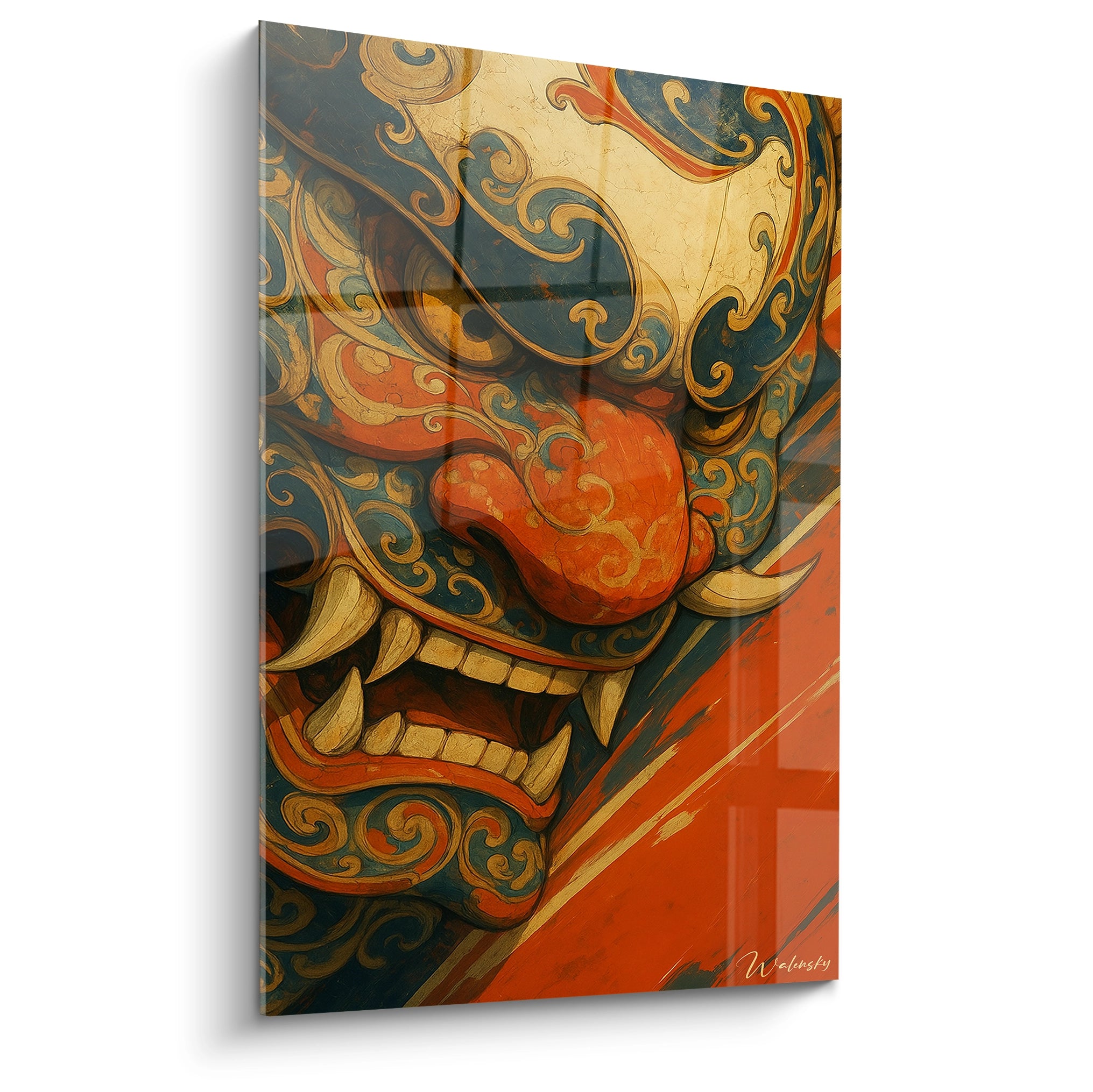 Un tableau masque japonais ornemental présentant un démon oni avec détails spiralés bleus et dorés, nez rouge vif, crocs acérés et œil perçant sur fond orange éclatant, alliant tradition théâtrale et art décoratif nippon.
