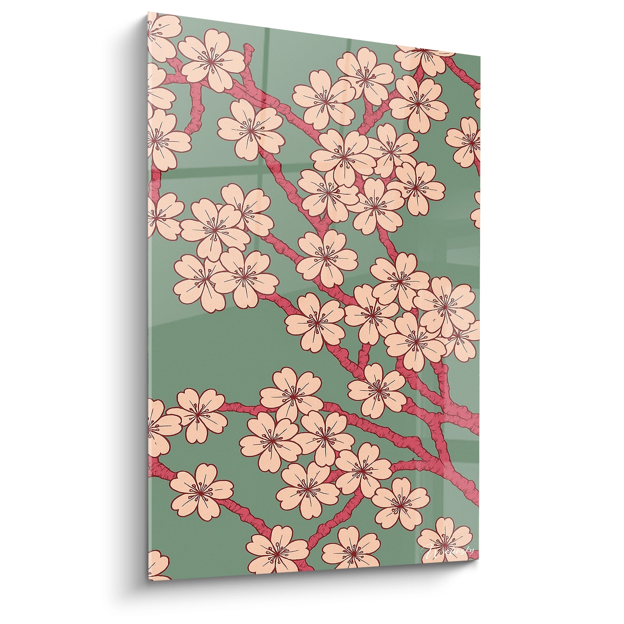 Un tableau japon représentant des branches de cerisiers en fleurs avec des pétales rose pêche et des branches rouge-brun sur un fond vert sage, créant un motif décoratif inspiré des estampes japonaises traditionnelles.
