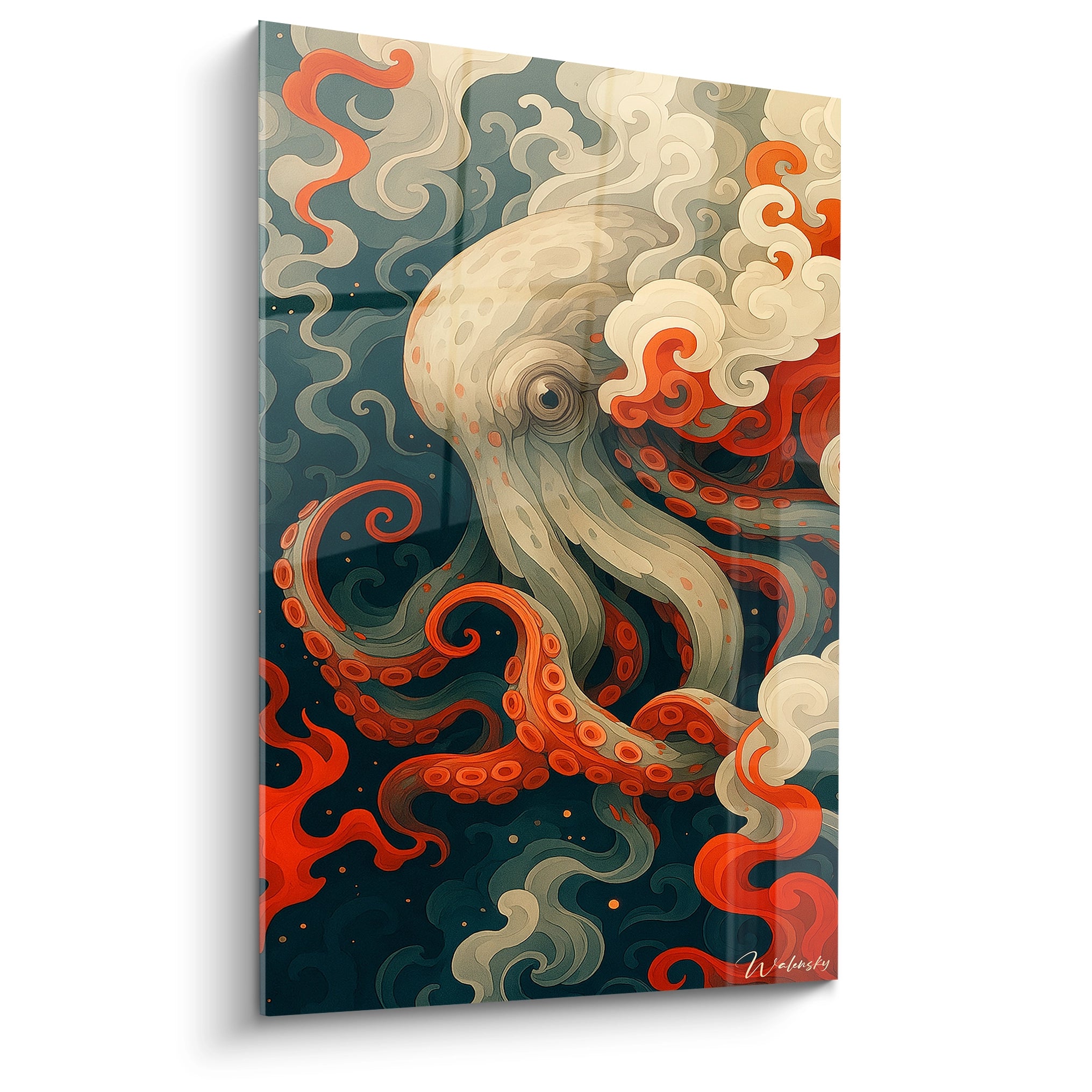 Un tableau pieuvre représentant un poulpe aux tentacules orange vif sur fond bleu-vert profond. Les tentacules s'enroulent en spirales élégantes parmi des nuages d'écume stylisés blancs. Texture fluide et ondulante avec motifs circulaires répétitifs sur les tentacules.
