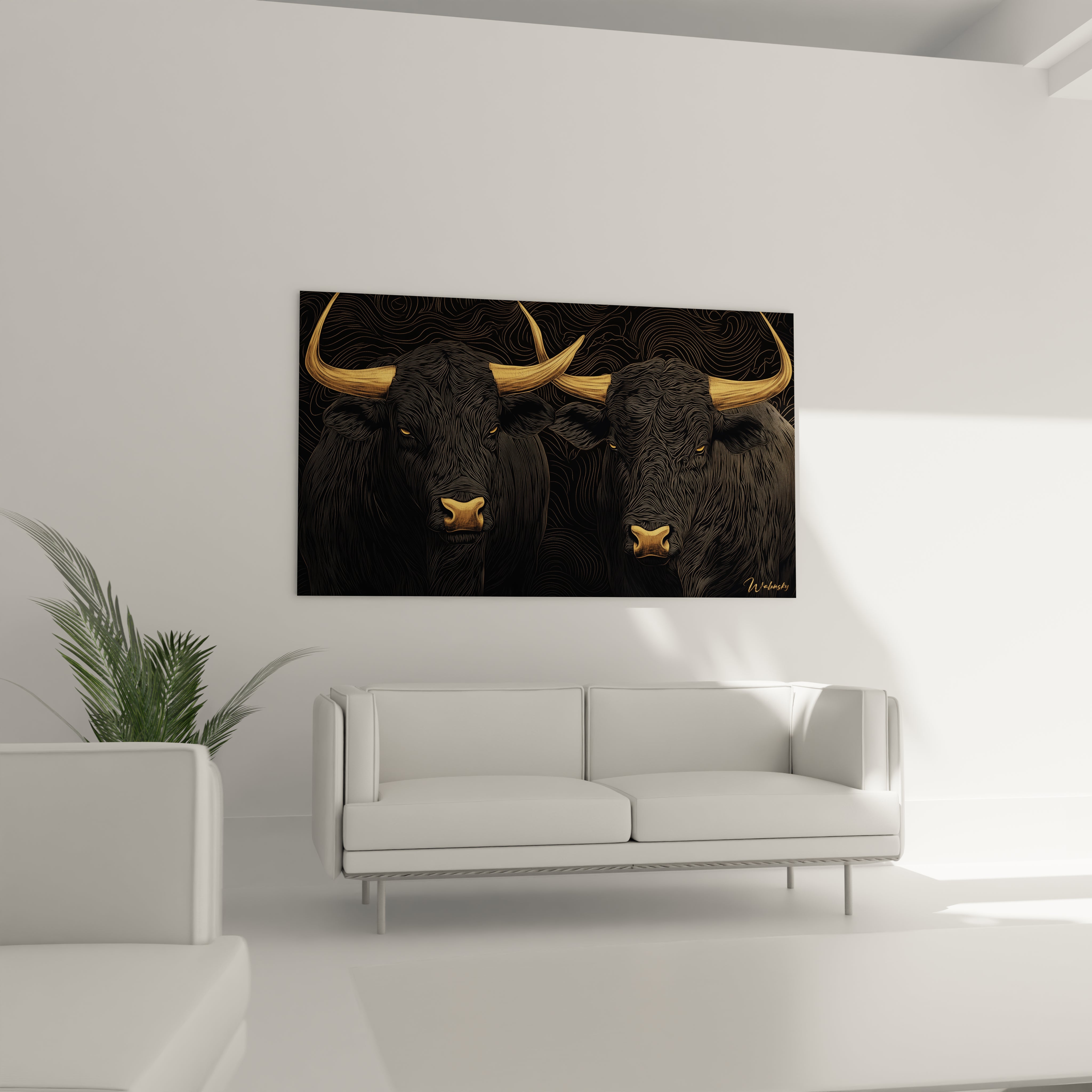 Un tableau taureau noir doré représentant deux puissants bovins aux regards intenses, leurs silhouettes noires détaillées par d'innombrables traits fins. Les cornes et accents dorés brillent sur le fond sombre aux motifs ondulants, créant une œuvre à la fois élégante et imposante.

