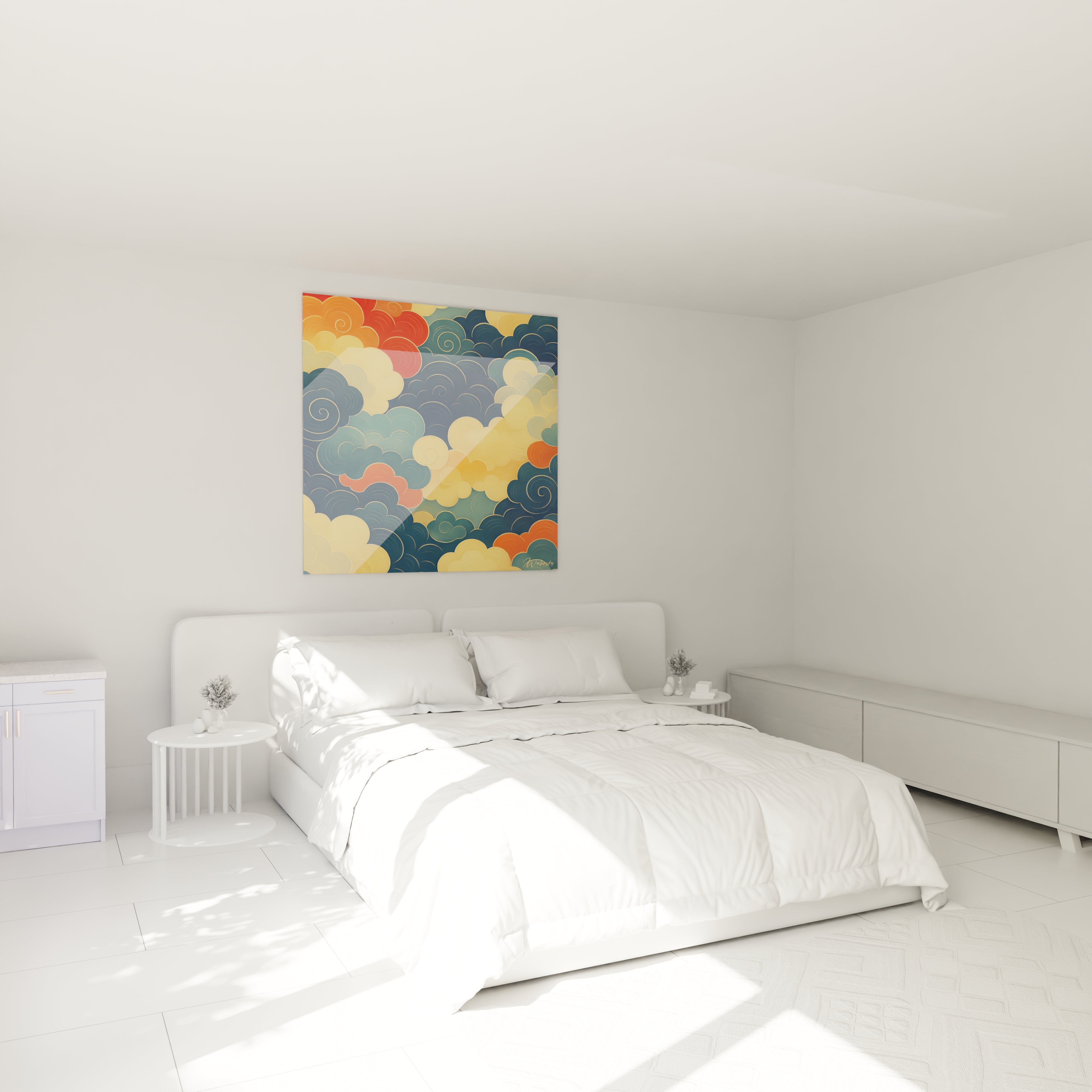Un tableau japon orné de motifs de nuages traditionnels "kumo" dans des teintes de bleu profond, orange vif et or. Les nuages tourbillonnants s'entrelacent avec élégance, créant un mouvement circulaire rythmé par des lignes fines dorées sur fond texturé.
