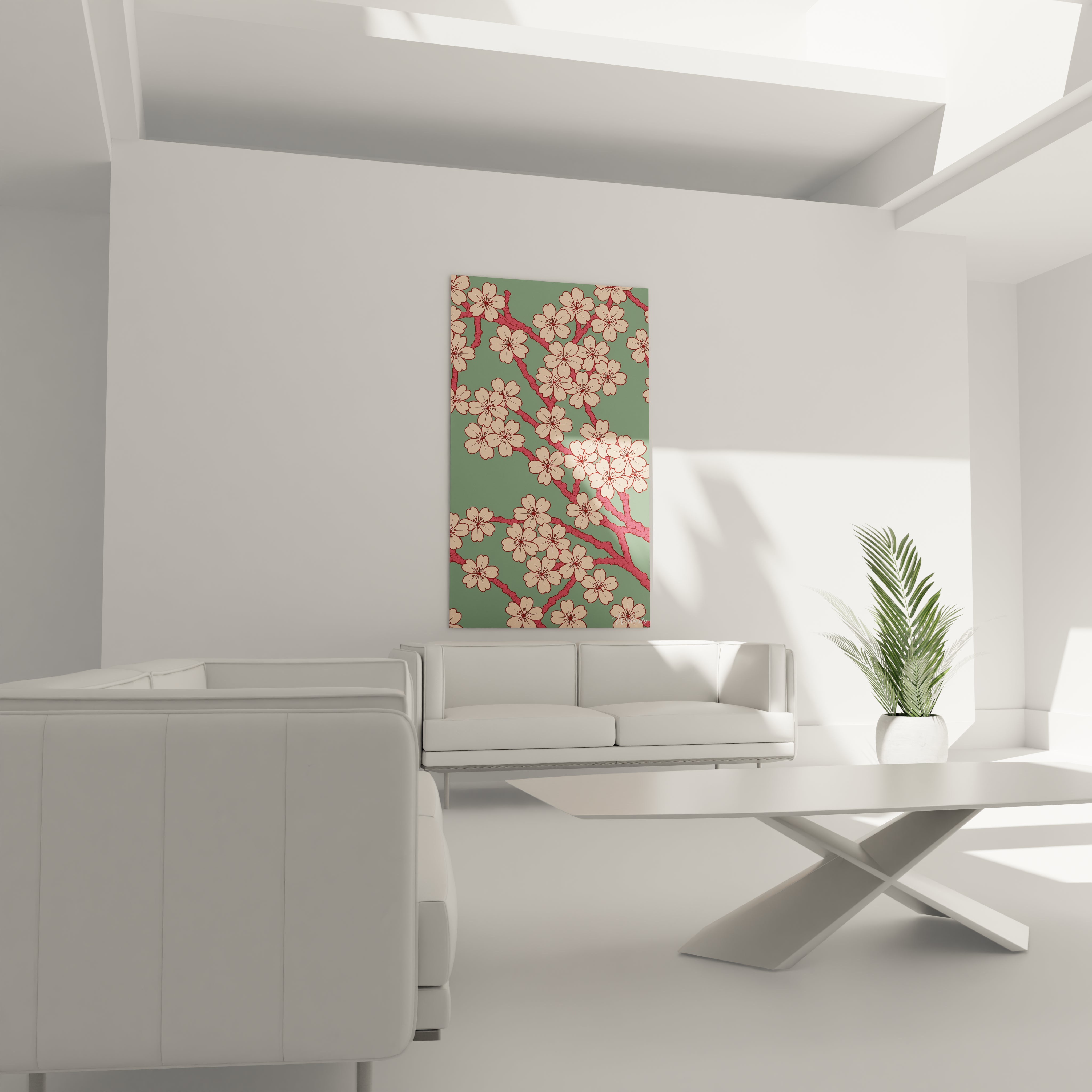 Un tableau japon illustrant des fleurs de cerisier en pleine floraison, avec des branches rouges texturées et des fleurs rose pâle aux contours bordeaux, formant un motif élégant et répétitif sur fond vert.

