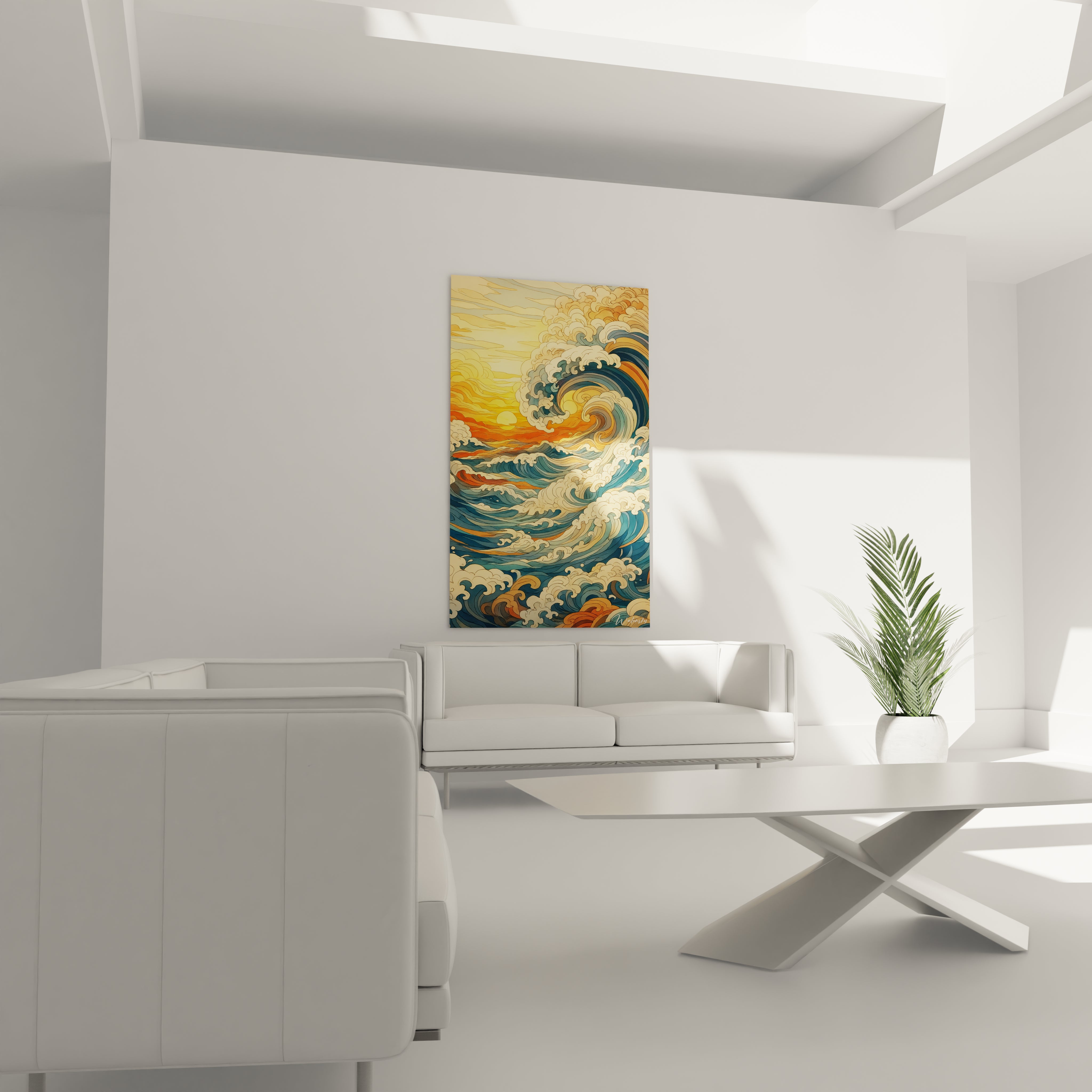 Un tableau vague océanique présentant une composition verticale dominée par une imposante vague aux teintes de bleu profond et turquoise. Le soleil couchant jaune illumine l'horizon orange tandis que les crêtes blanches des vagues créent un motif rythmique dans ce style évoquant les estampes japonaises.

