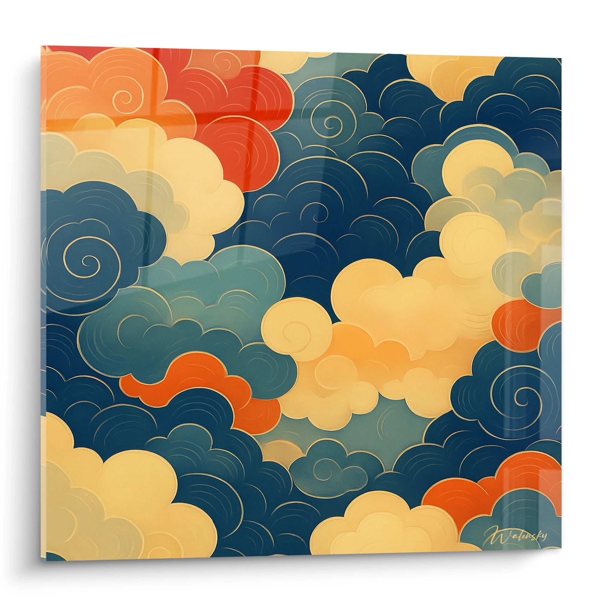 Un tableau japon représentant des nuages stylisés aux formes spiralées, avec des contours dorés délicats. Composition harmonieuse de bleu marine, rouge vermillon et beige doré, créant un effet visuel traditionnel rappelant les ukiyo-e avec une texture légèrement satinée.
