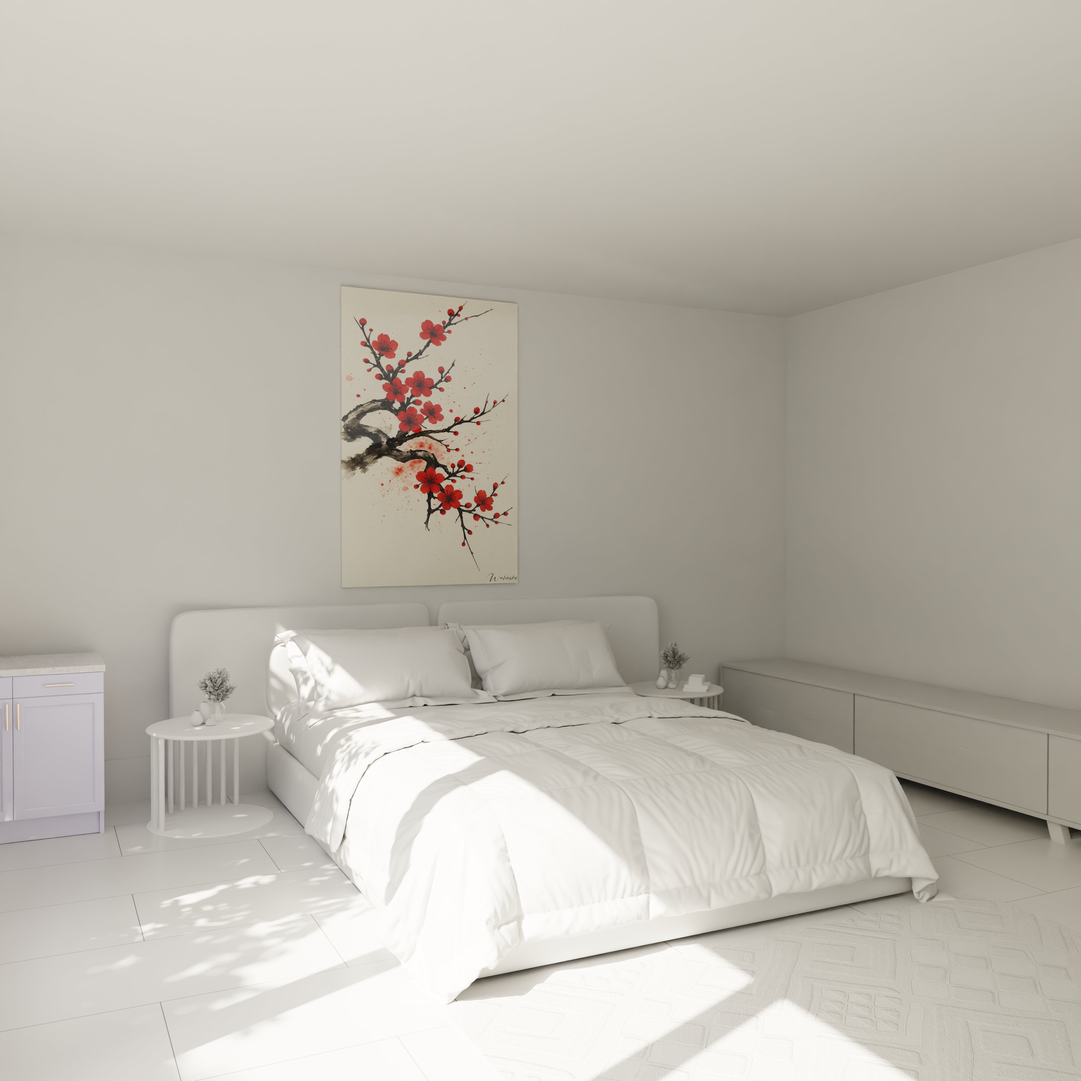 Un tableau japon traditionnel montrant un cerisier en fleur avec des pétales rouge vif, des branches noires calligraphiques et des bourgeons, réalisé à l'encre sur fond beige pâle, où les traits fins et les taches fluides créent un effet aérien.
