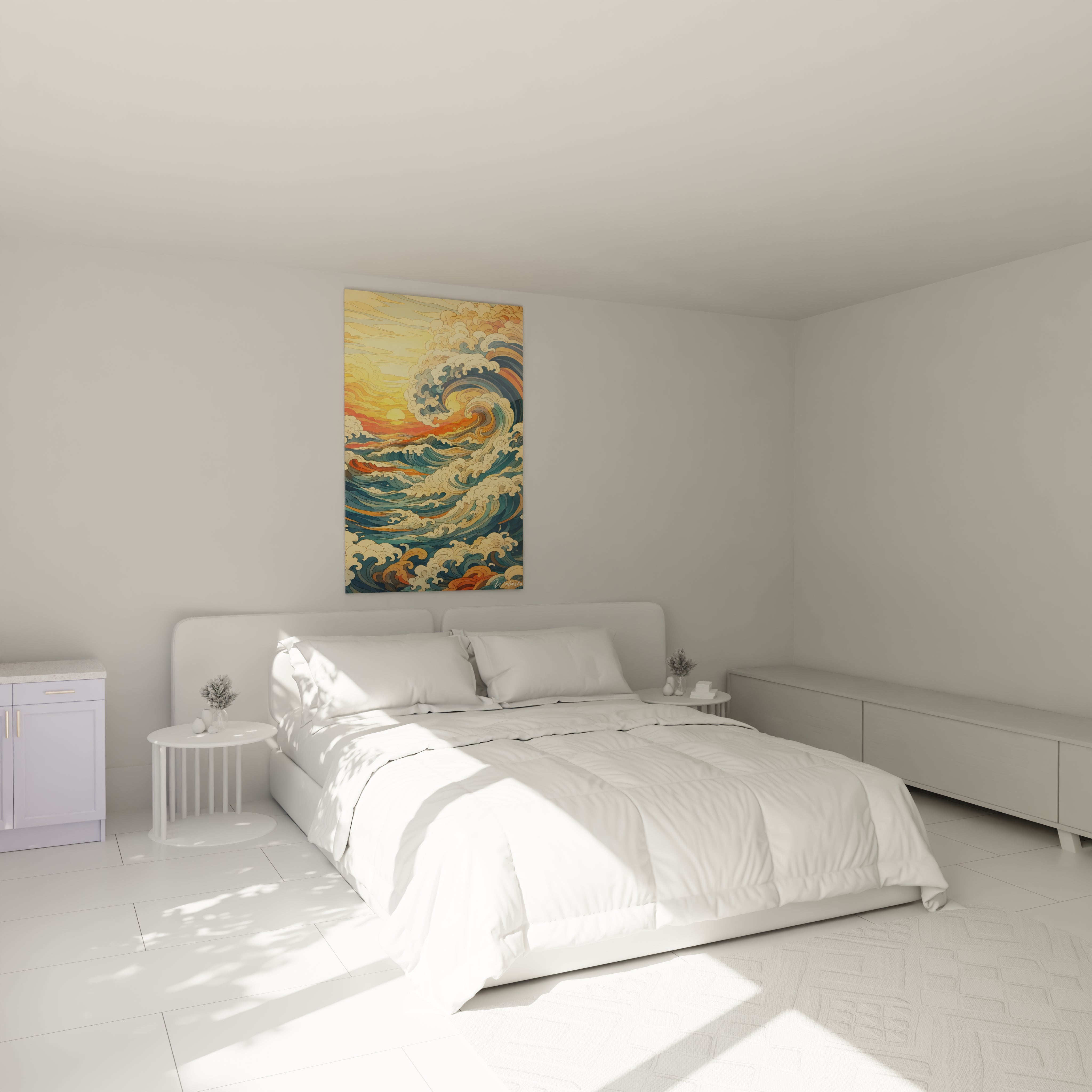 Un tableau vague stylisée montrant un puissant rouleau d'eau bleu et turquoise sur fond de ciel doré et orangé. La texture graphique des vagues écumeuses blanches contraste avec les lignes fluides des ondulations, évoquant le mouvement perpétuel de l'océan dans la tradition artistique japonaise.
