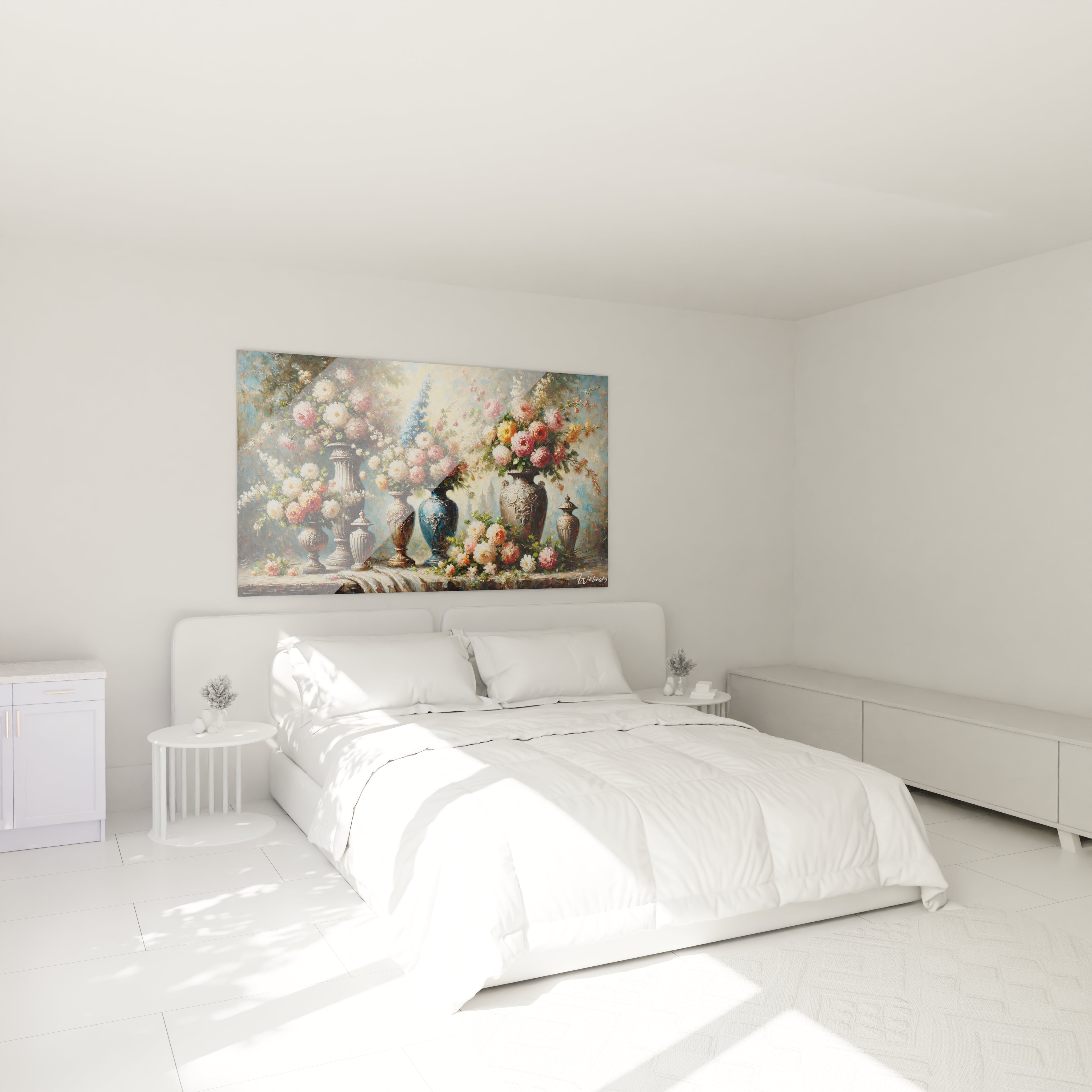 Dans une chambre ce tableau Jardin au dessus du lit apporte une ambiance florale et apaisante Les bouquets en pleine floraison aux couleurs riches et textures realistes ajoutent elegance et charme naturel

